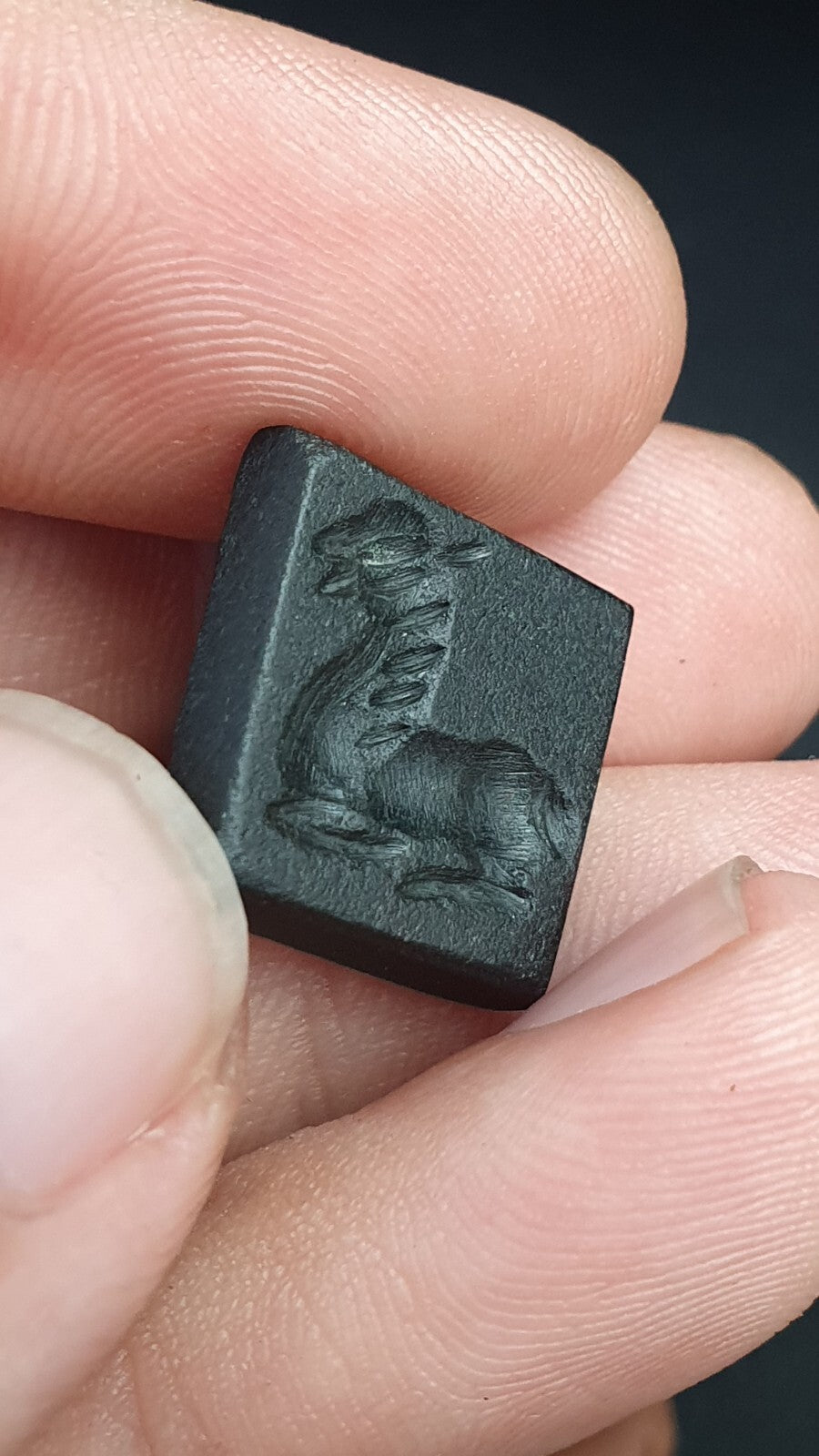 Ancient Antique Middle Eastern Dark green jade Stone Stamp Seal Animal