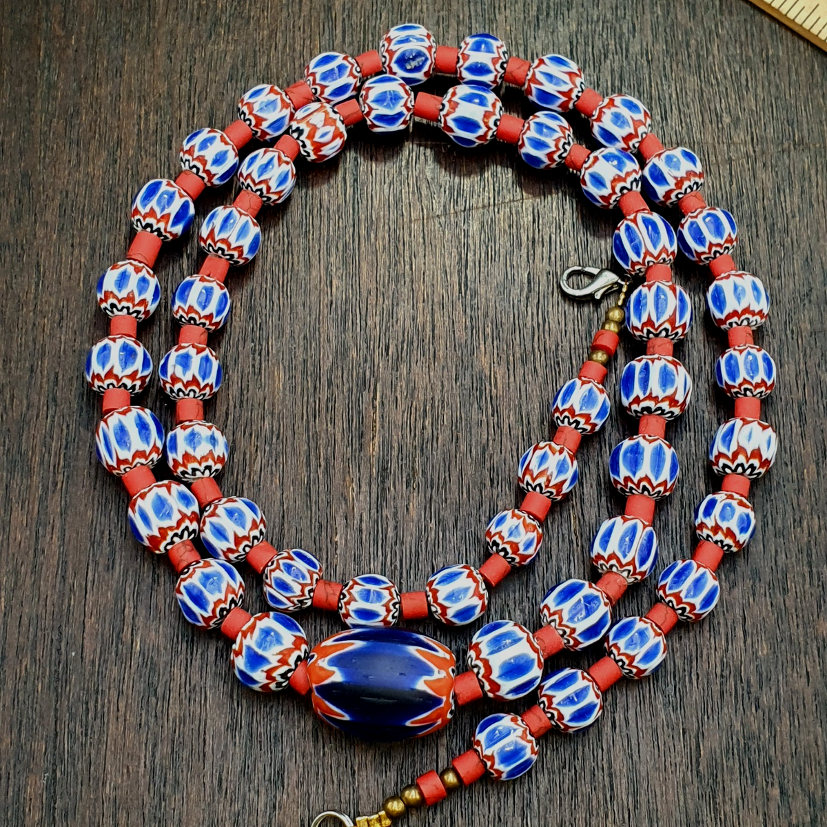 Old blue chevron beads 9mm 6 layers Chevron glass beaded necklace Gift
