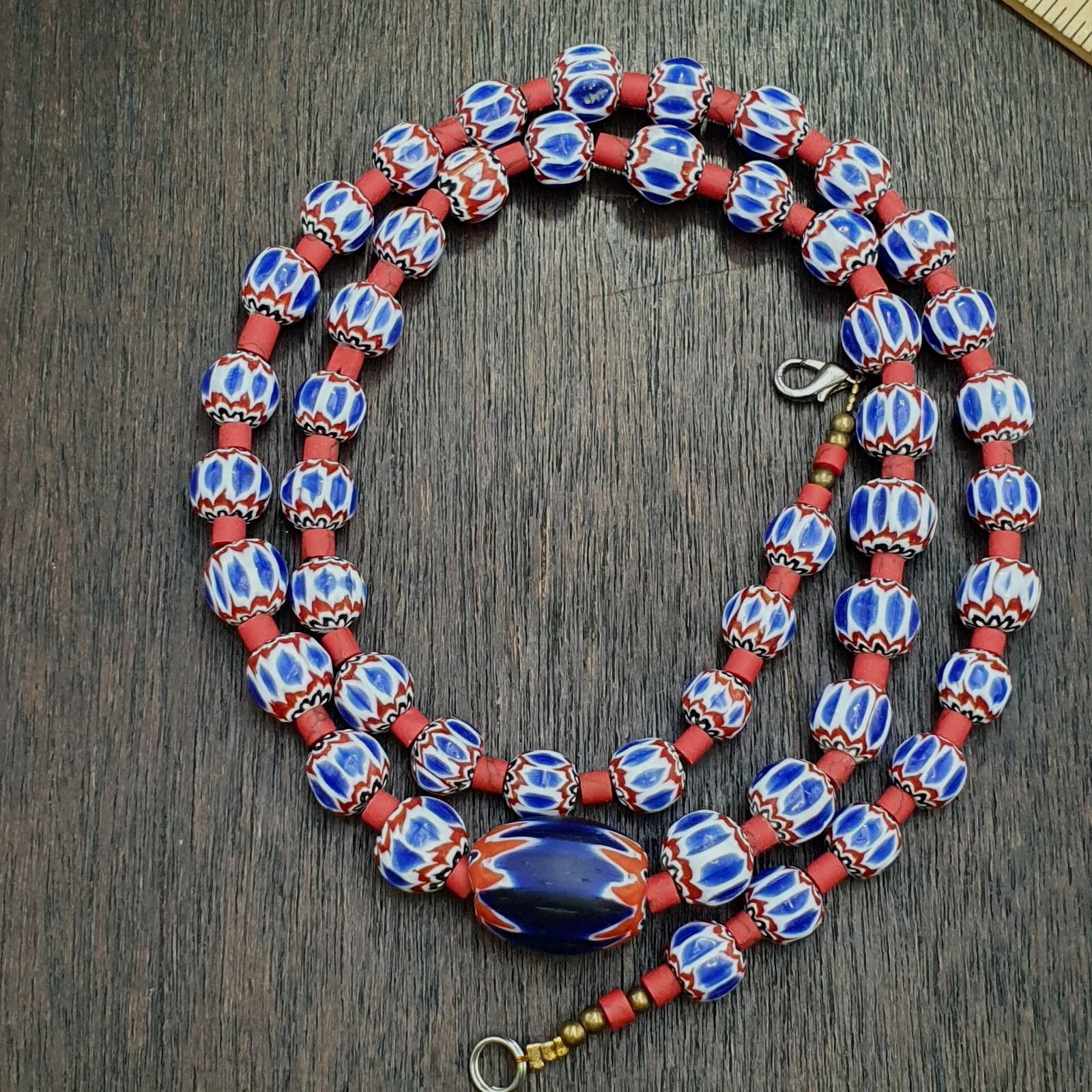 Old blue chevron beads 9mm 6 layers Chevron glass beaded necklace Gift