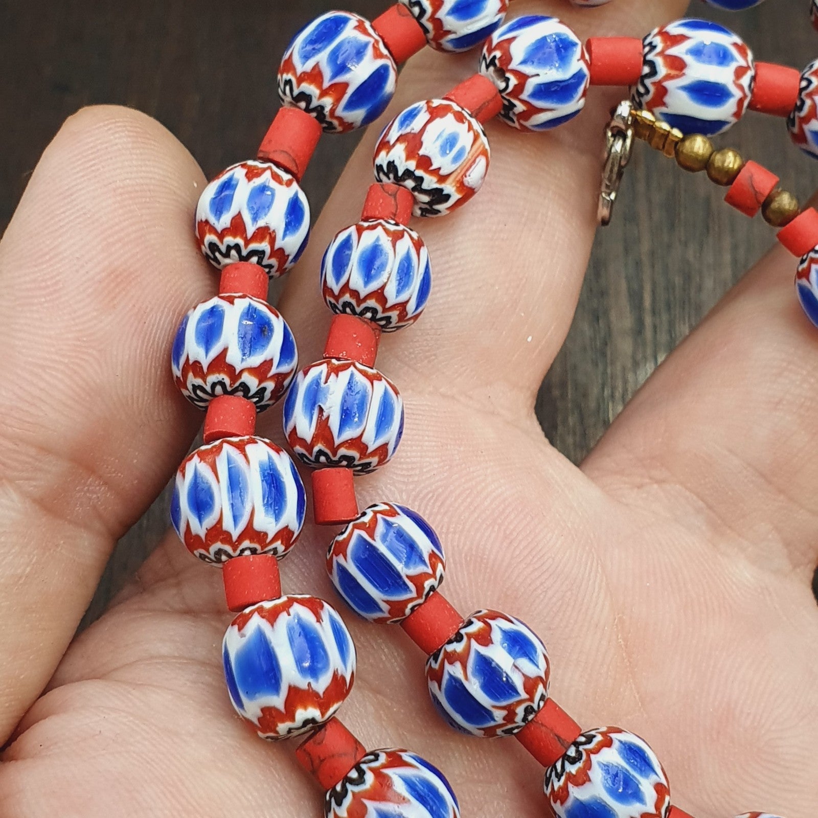 Old blue chevron beads 9mm 6 layers Chevron glass beaded necklace Gift