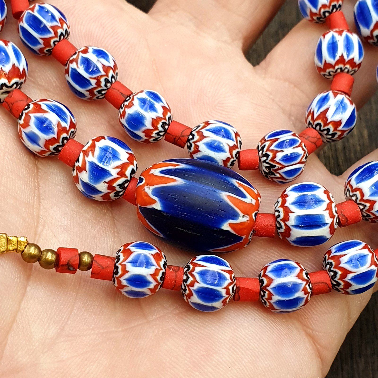 Old blue chevron beads 9mm 6 layers Chevron glass beaded necklace Gift