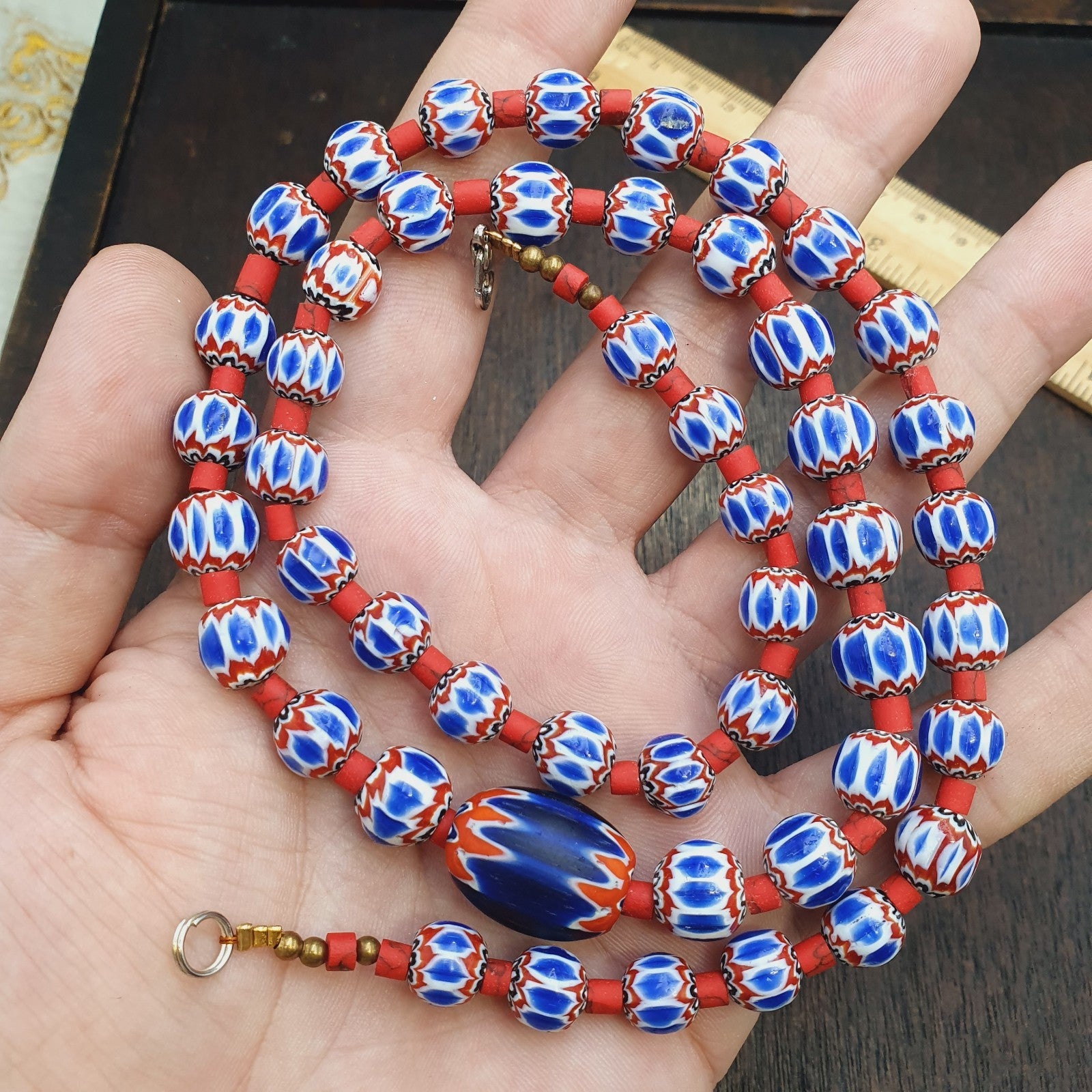 Old blue chevron beads 9mm 6 layers Chevron glass beaded necklace Gift
