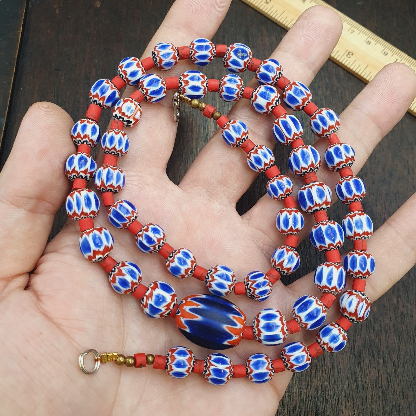 Old blue chevron beads 9mm 6 layers Chevron glass beaded necklace Gift