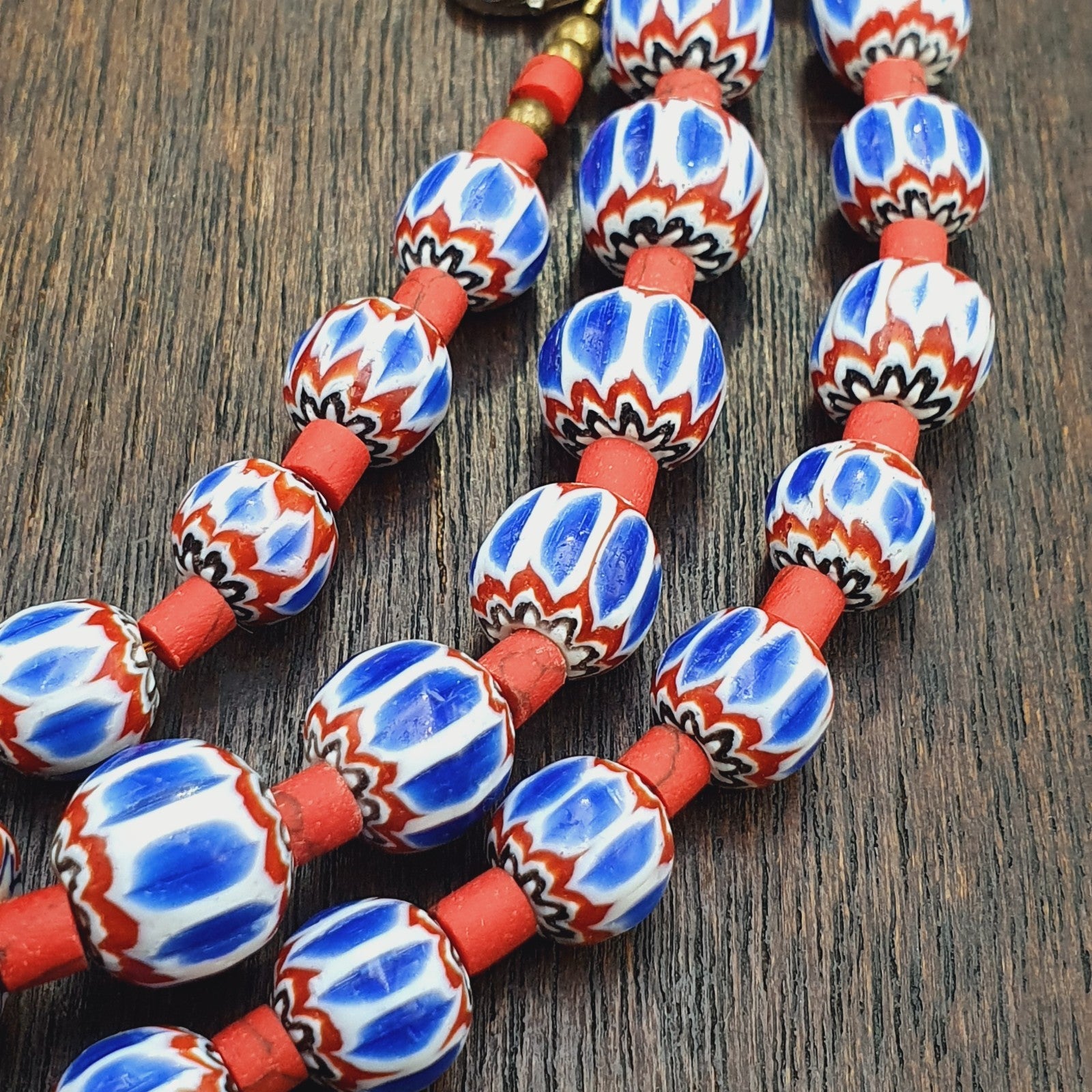 Old blue chevron beads 9mm 6 layers Chevron glass beaded necklace Gift