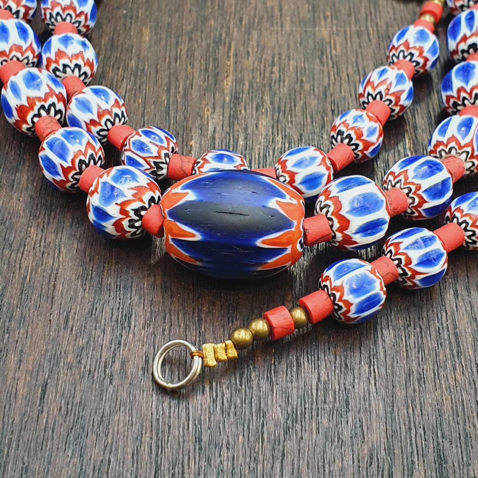 Old blue chevron beads 9mm 6 layers Chevron glass beaded necklace Gift