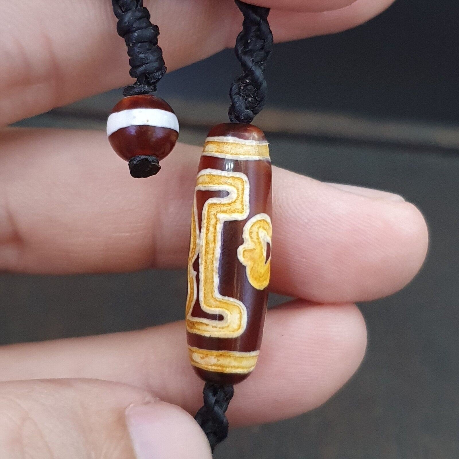 3 eyes taiwan etched age bead old amulet red agate vintage pendant necklace