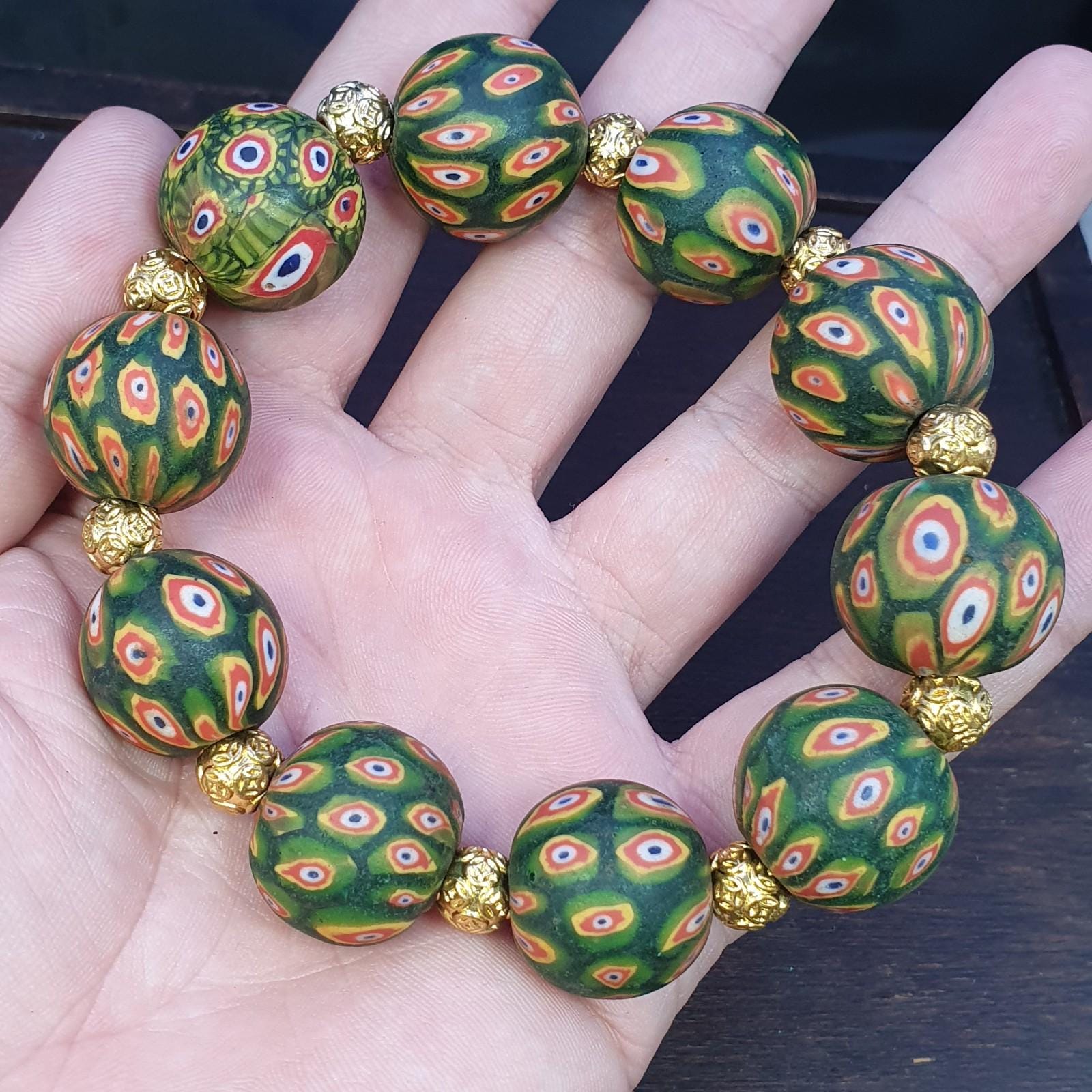 Vintage antique african green gabri style hundred eyes beads bracelet
