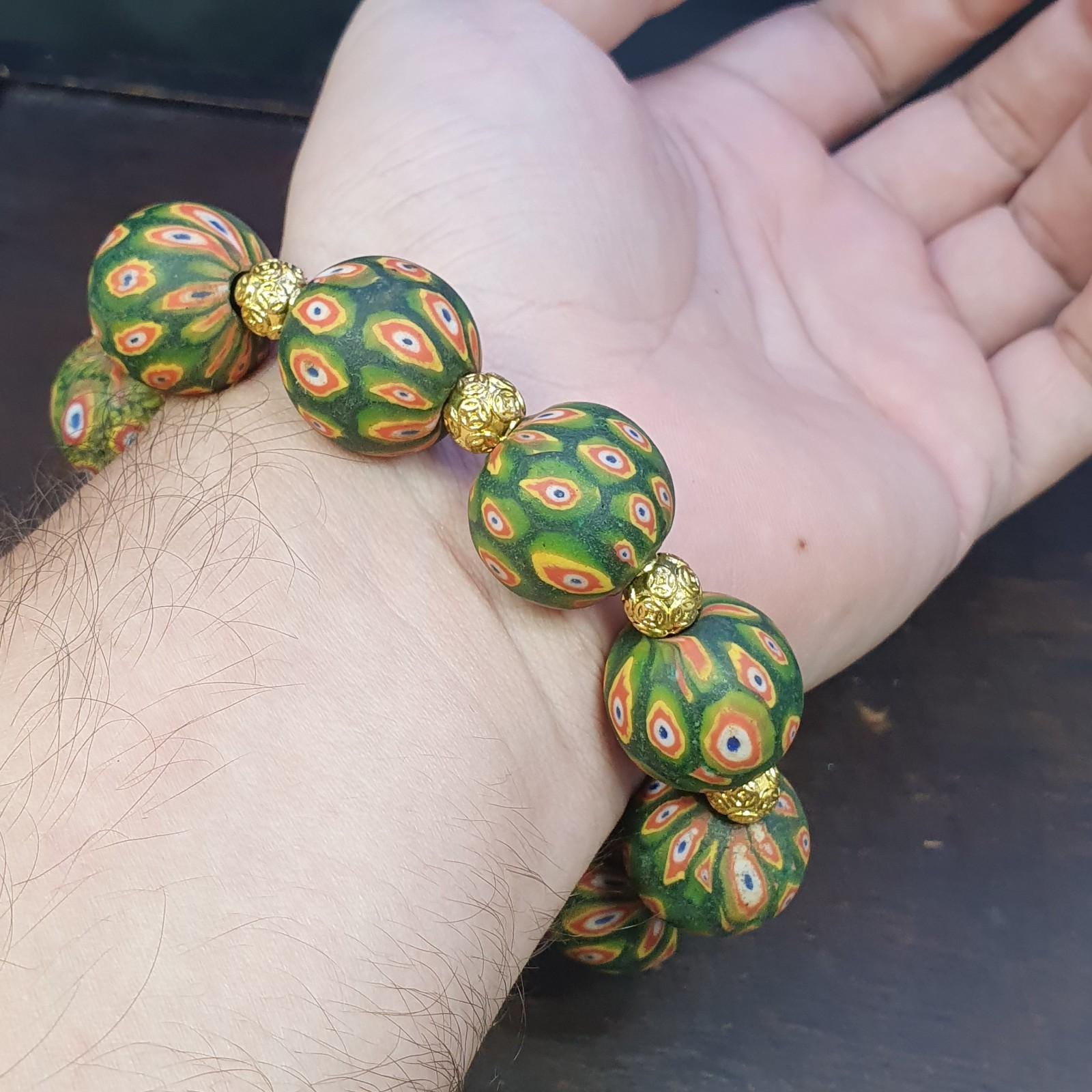 Vintage antique african green gabri style hundred eyes beads bracelet