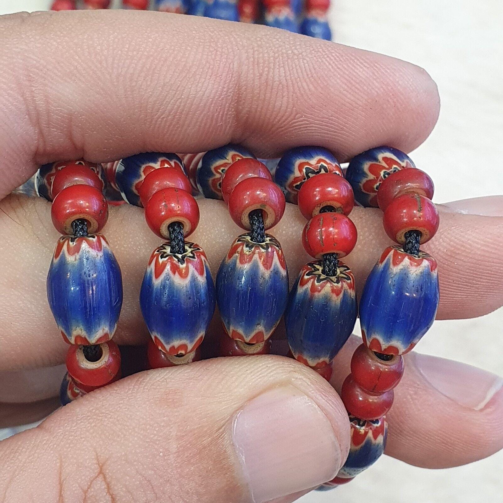 Beads of antiquity vintage venetian white heart and blue chevron beads necklace