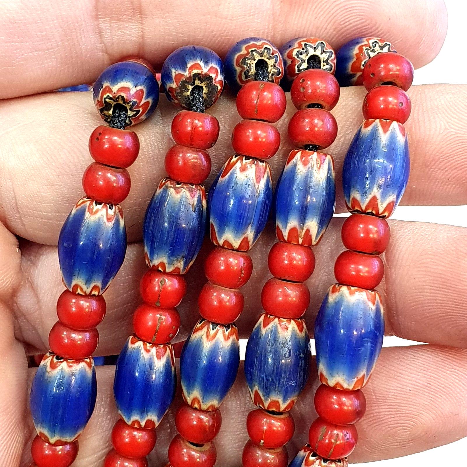 Beads of antiquity vintage venetian white heart and blue chevron beads necklace