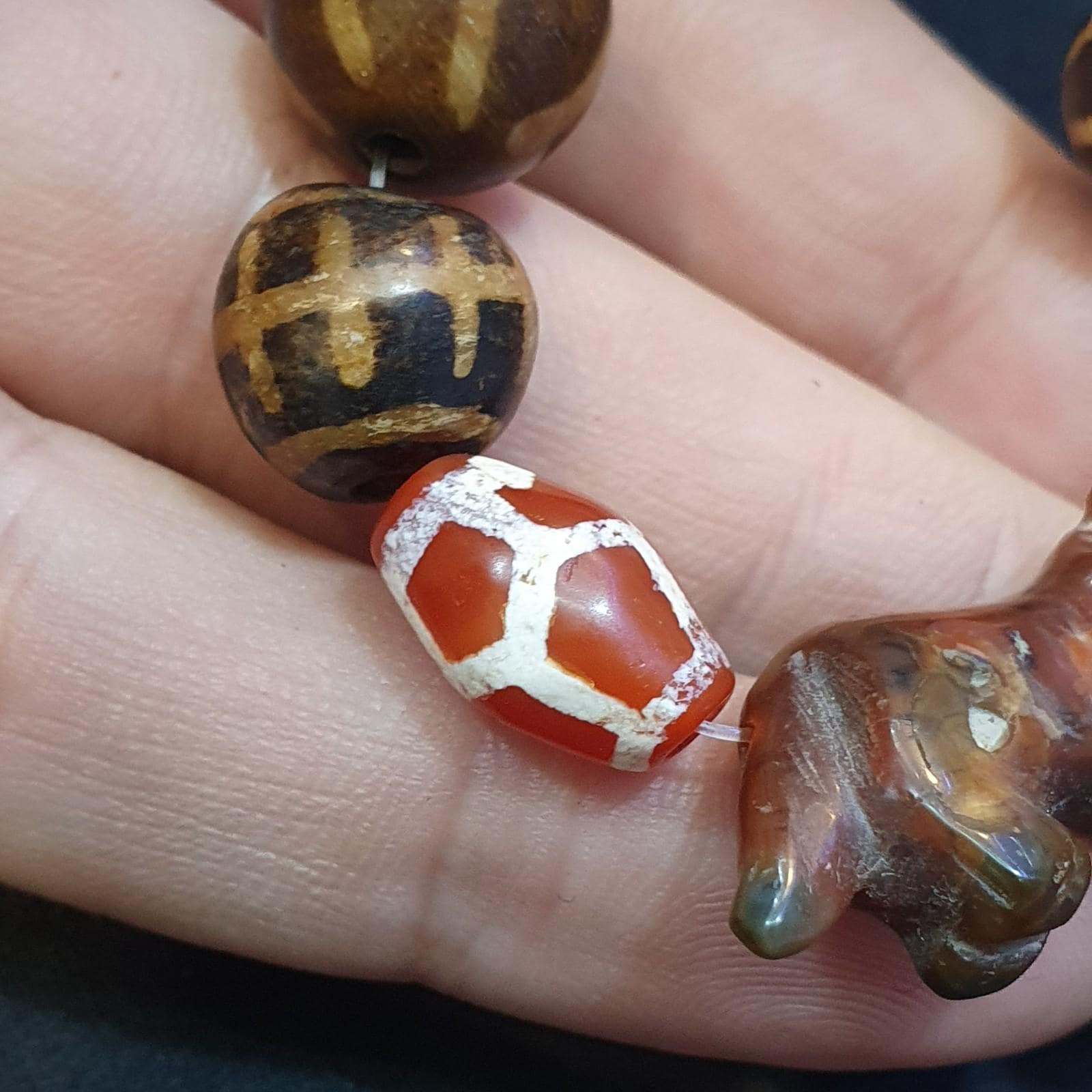 Antique animal figurine carving agate etched agate and pumtek beads lot