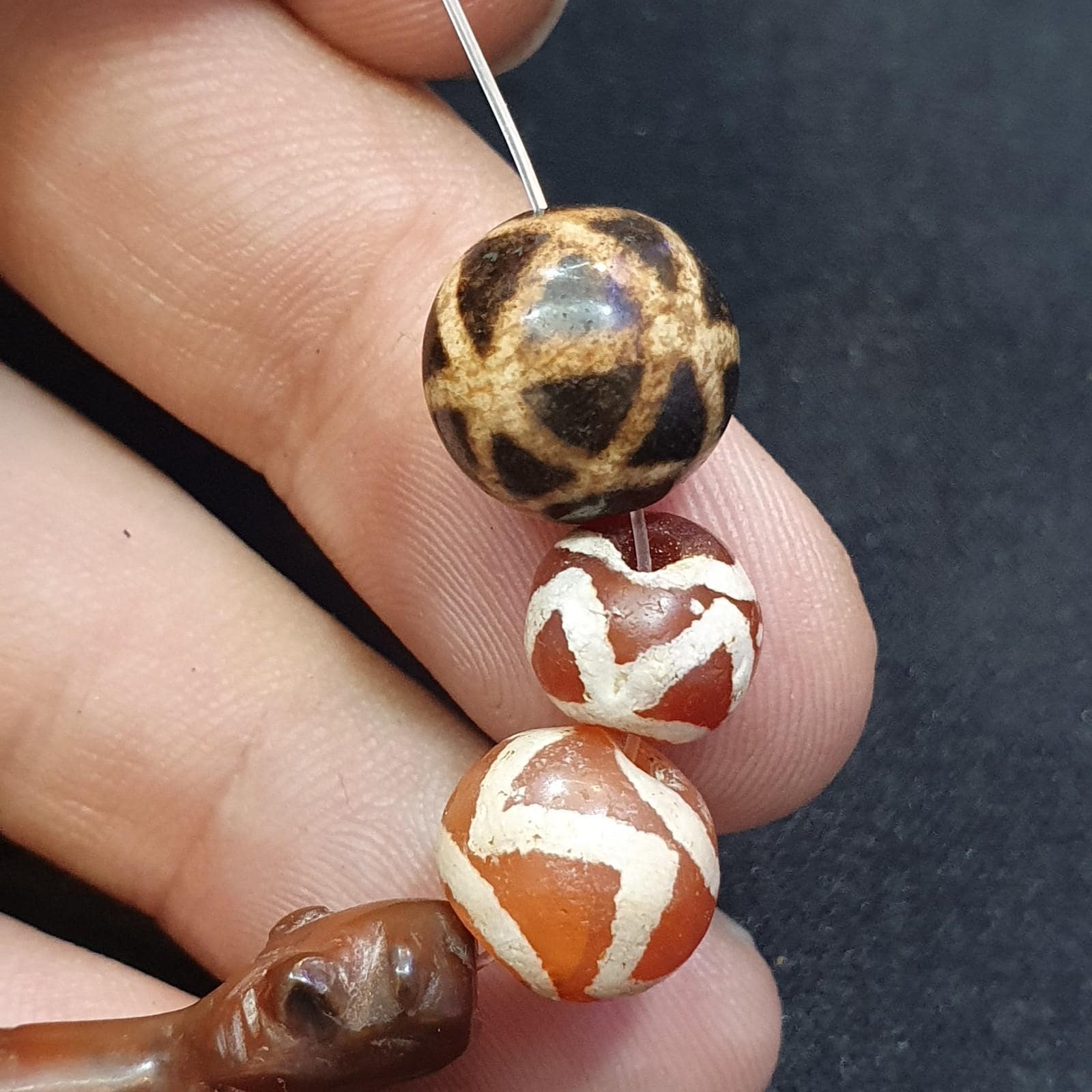 Antique animal figurine carving agate etched agate and pumtek beads lot