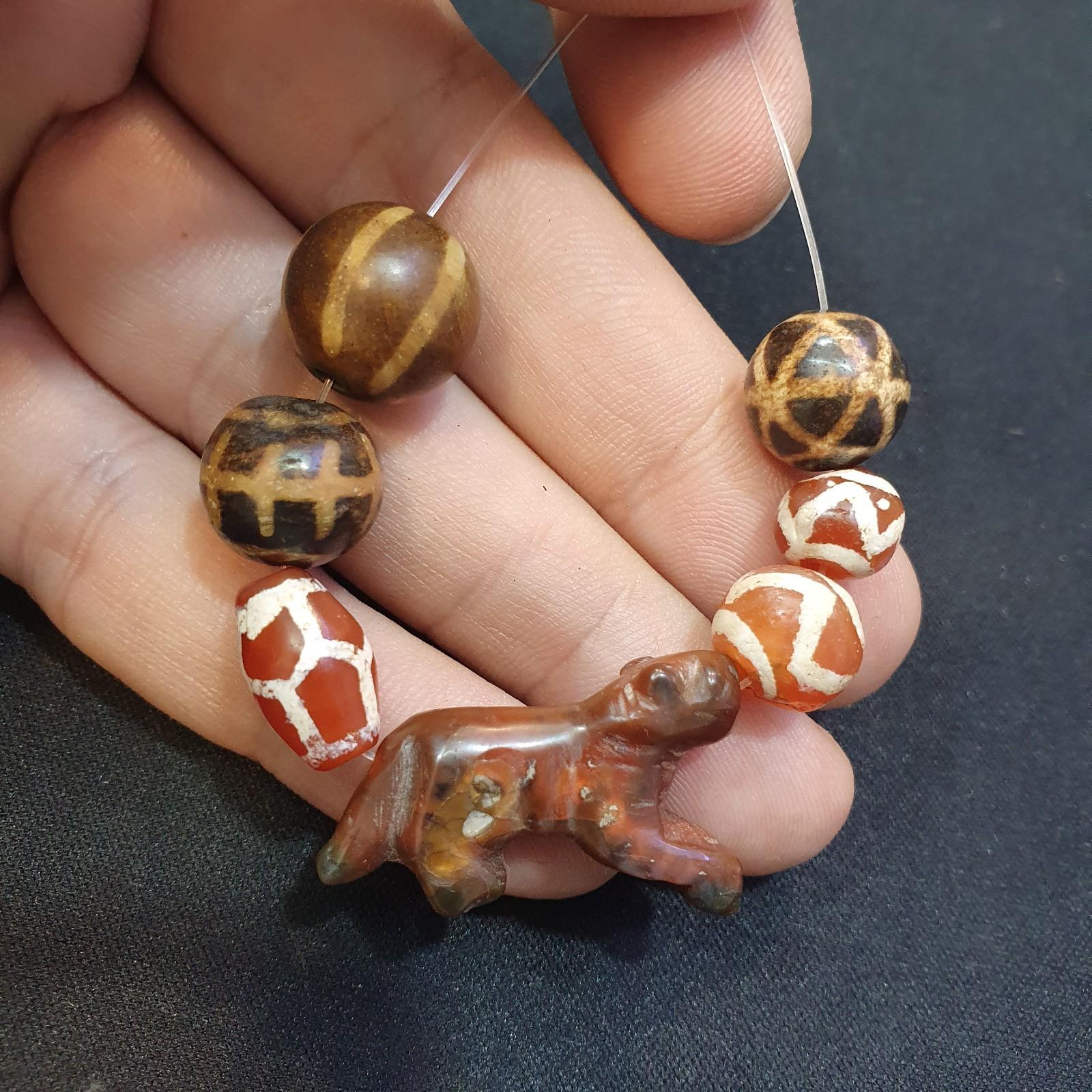 Antique animal figurine carving agate etched agate and pumtek beads lot