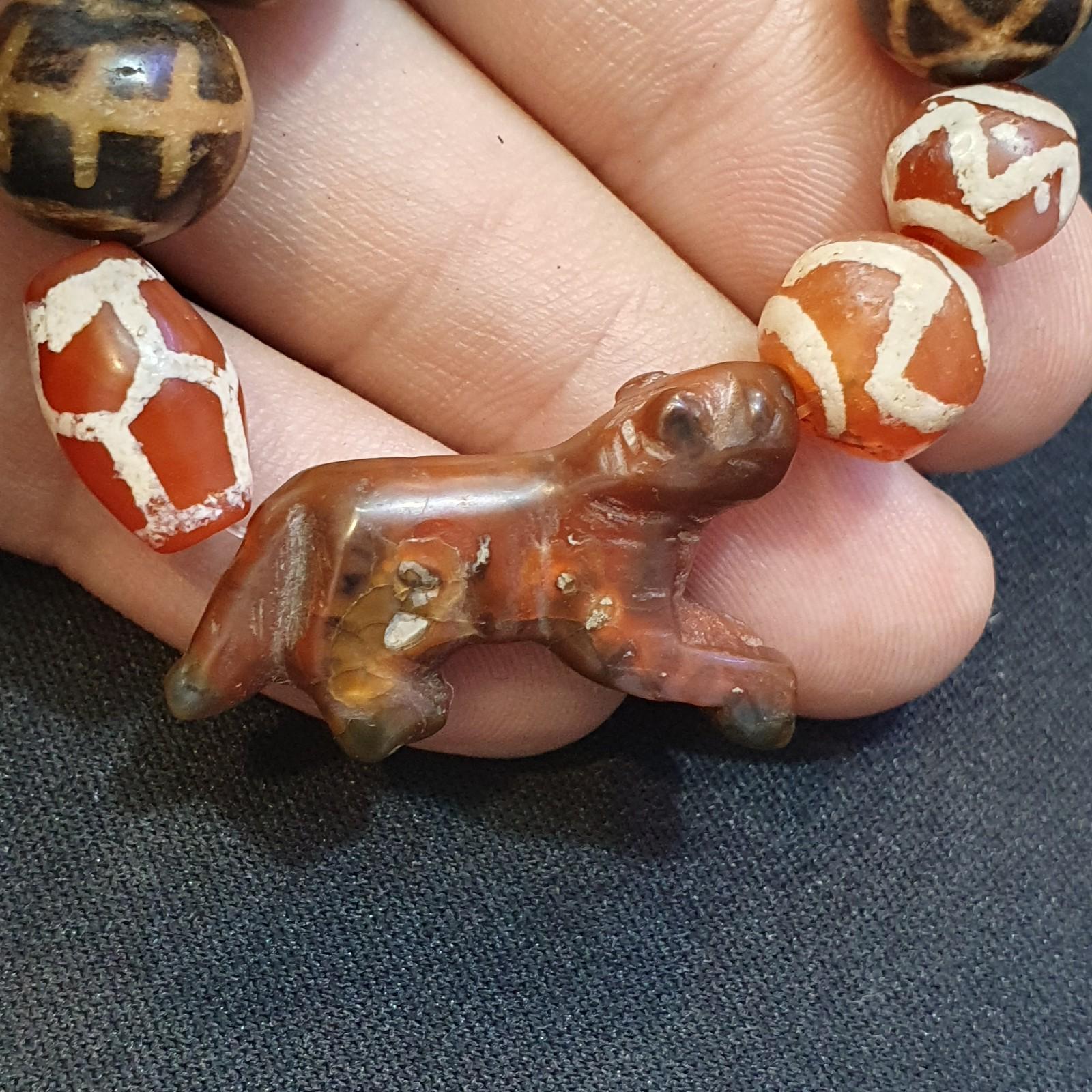 Antique animal figurine carving agate etched agate and pumtek beads lot