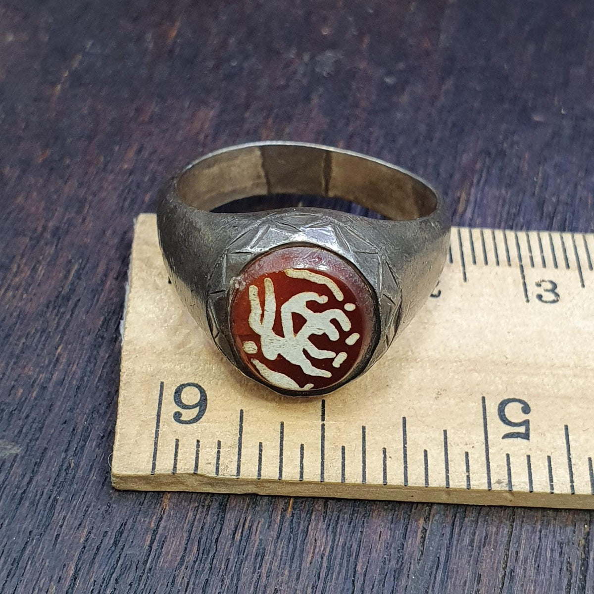 Antique tibetan etched agate center stone red carnelian sterling silver ring