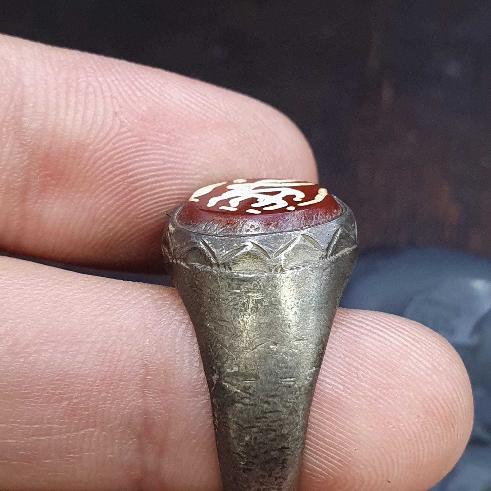 Antique tibetan etched agate center stone red carnelian sterling silver ring