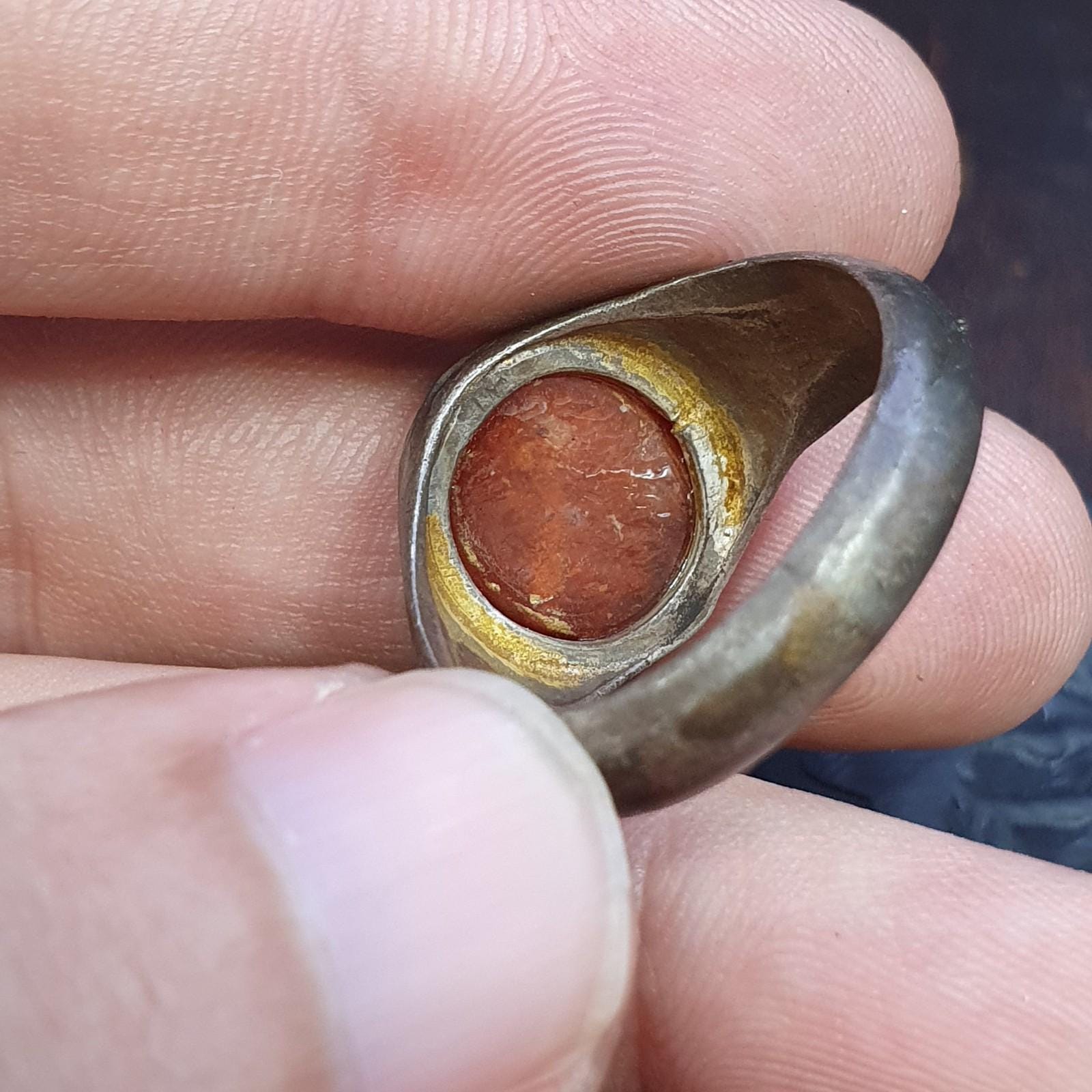Antique tibetan etched agate center stone red carnelian sterling silver ring