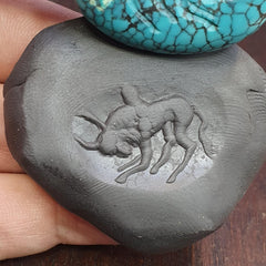 Anitique blue turquoise stamp seal intaglio angry bull  engraved pendant bead
