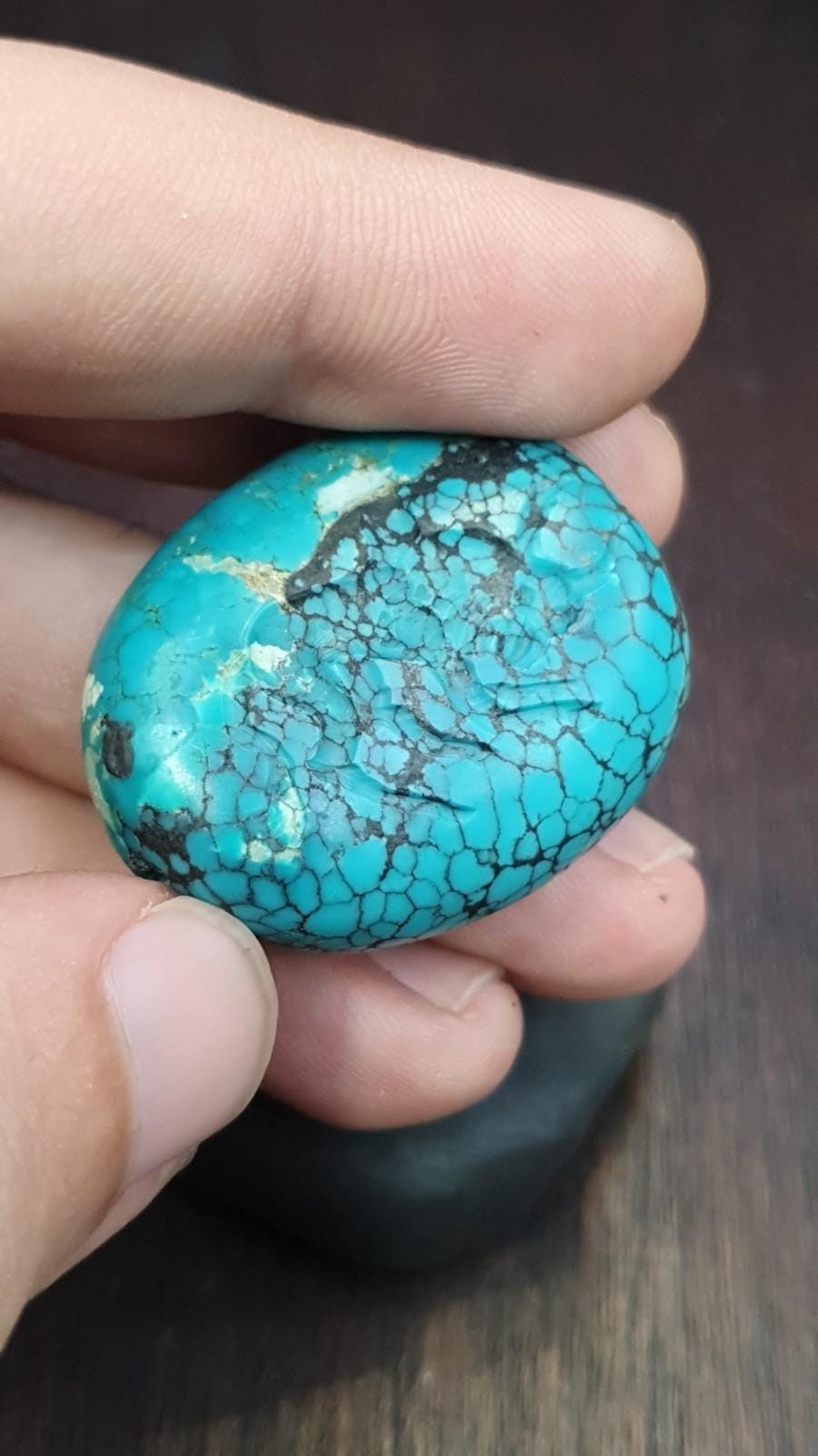 Anitique blue turquoise stamp seal intaglio angry bull  engraved pendant bead