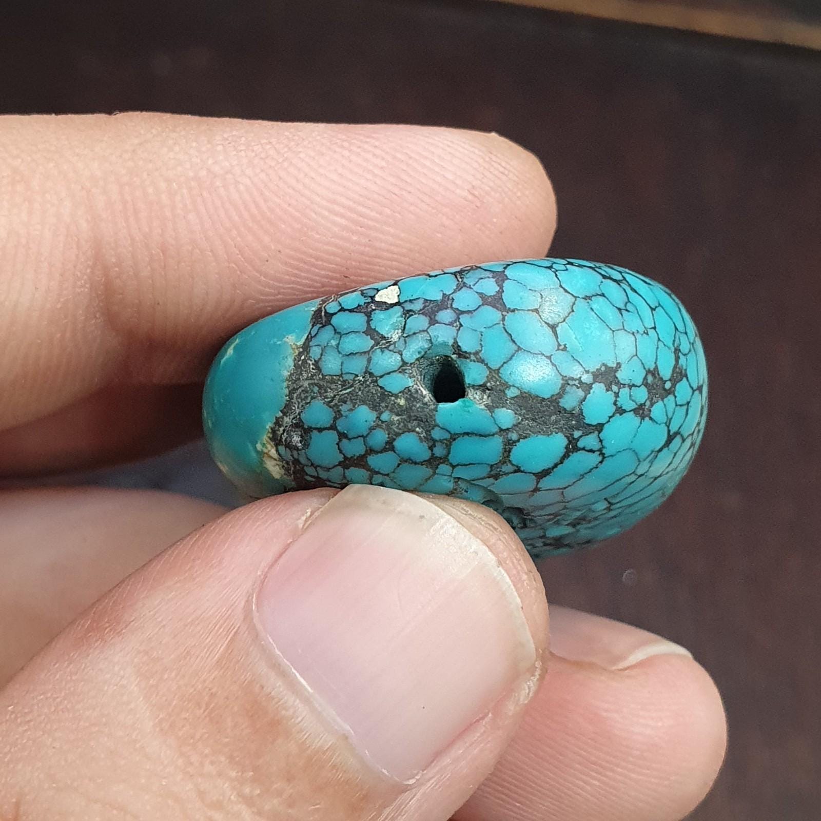 Anitique blue turquoise stamp seal intaglio angry bull  engraved pendant bead