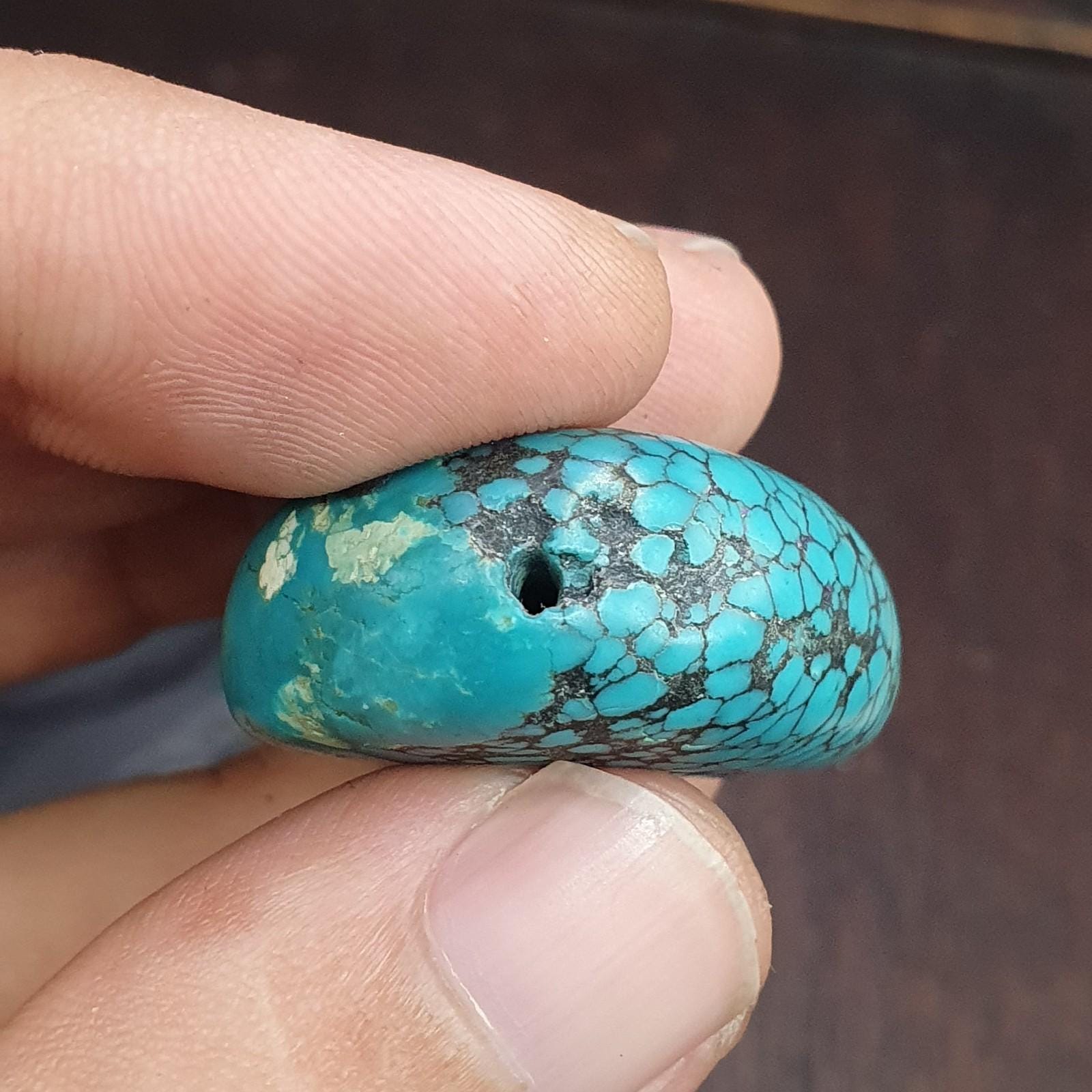 Anitique blue turquoise stamp seal intaglio angry bull  engraved pendant bead