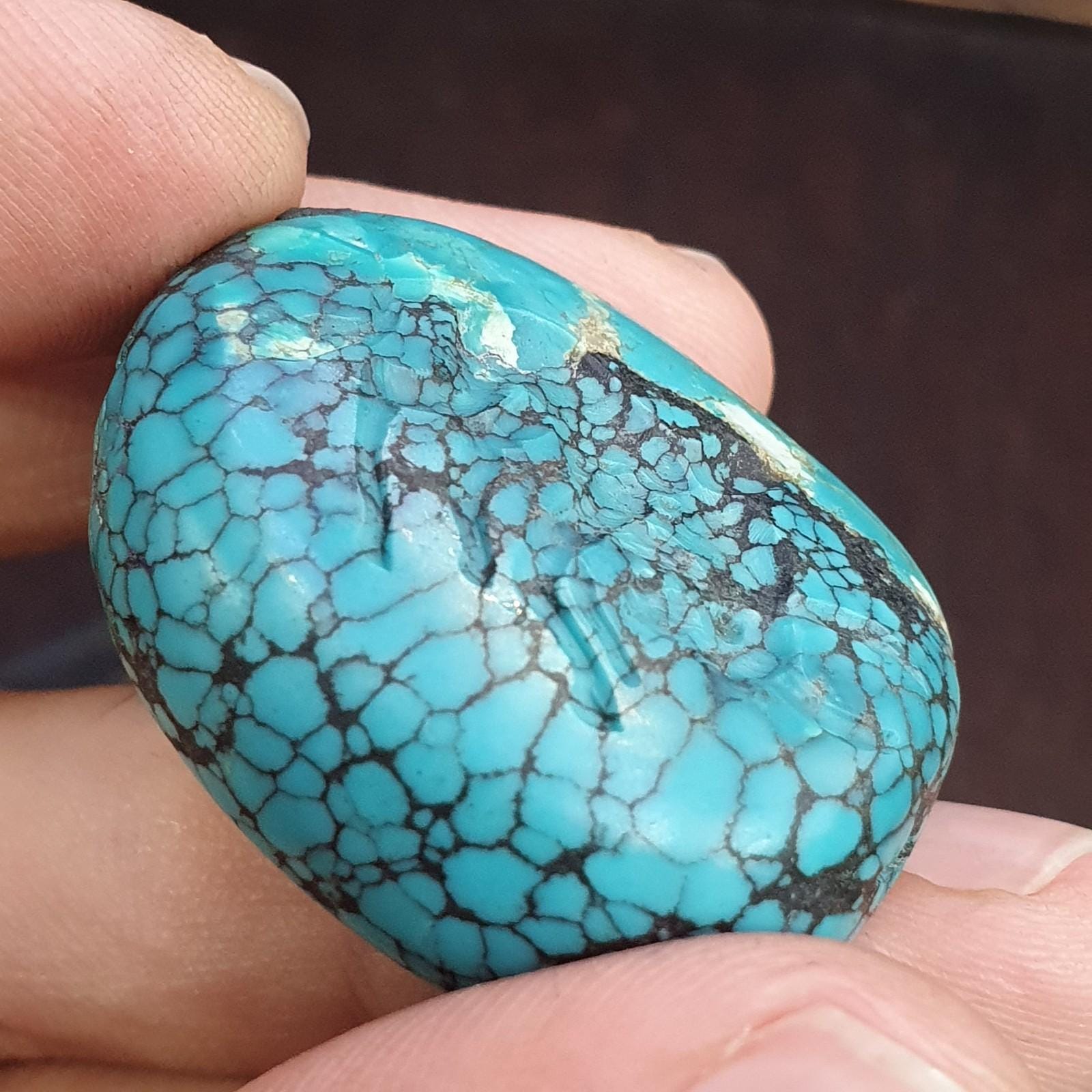 Anitique blue turquoise stamp seal intaglio angry bull  engraved pendant bead