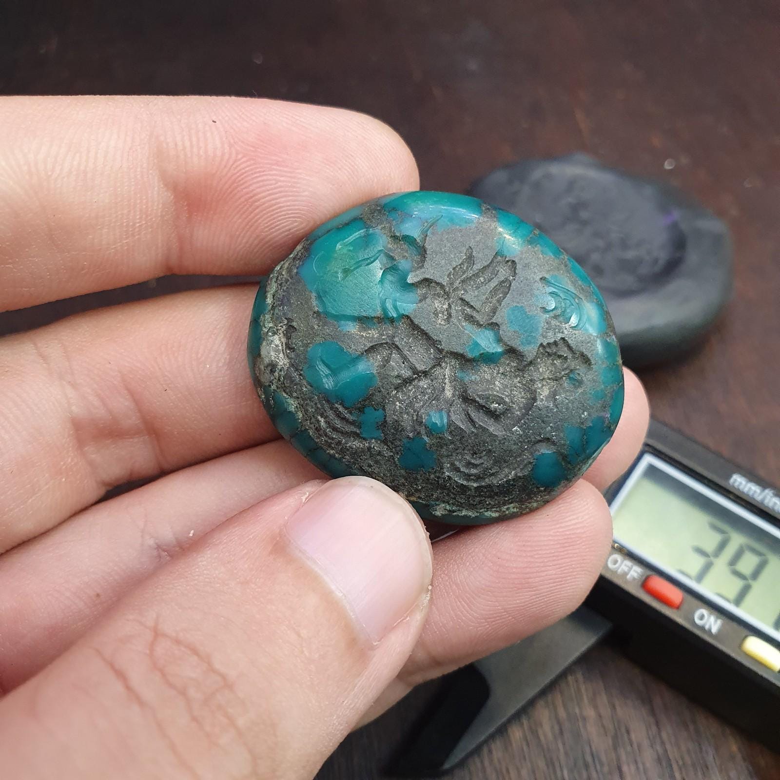 Anitique blue green turquoise stamp seal intaglio engraved pendant bead