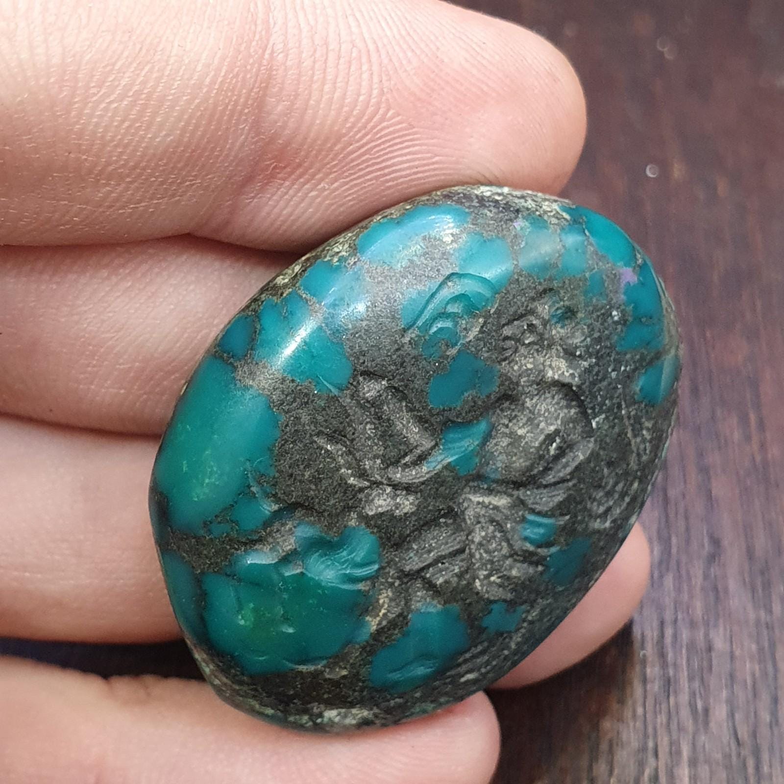 Anitique blue green turquoise stamp seal intaglio engraved pendant bead