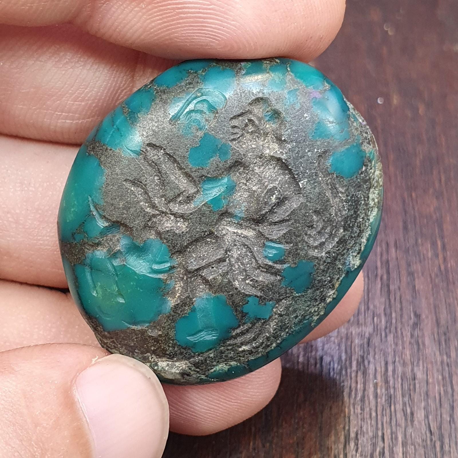 Anitique blue green turquoise stamp seal intaglio engraved pendant bead