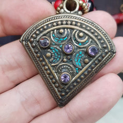 Venetian Whiteheart Chevron Bead Necklace: Amethyst Turquoise Pendant