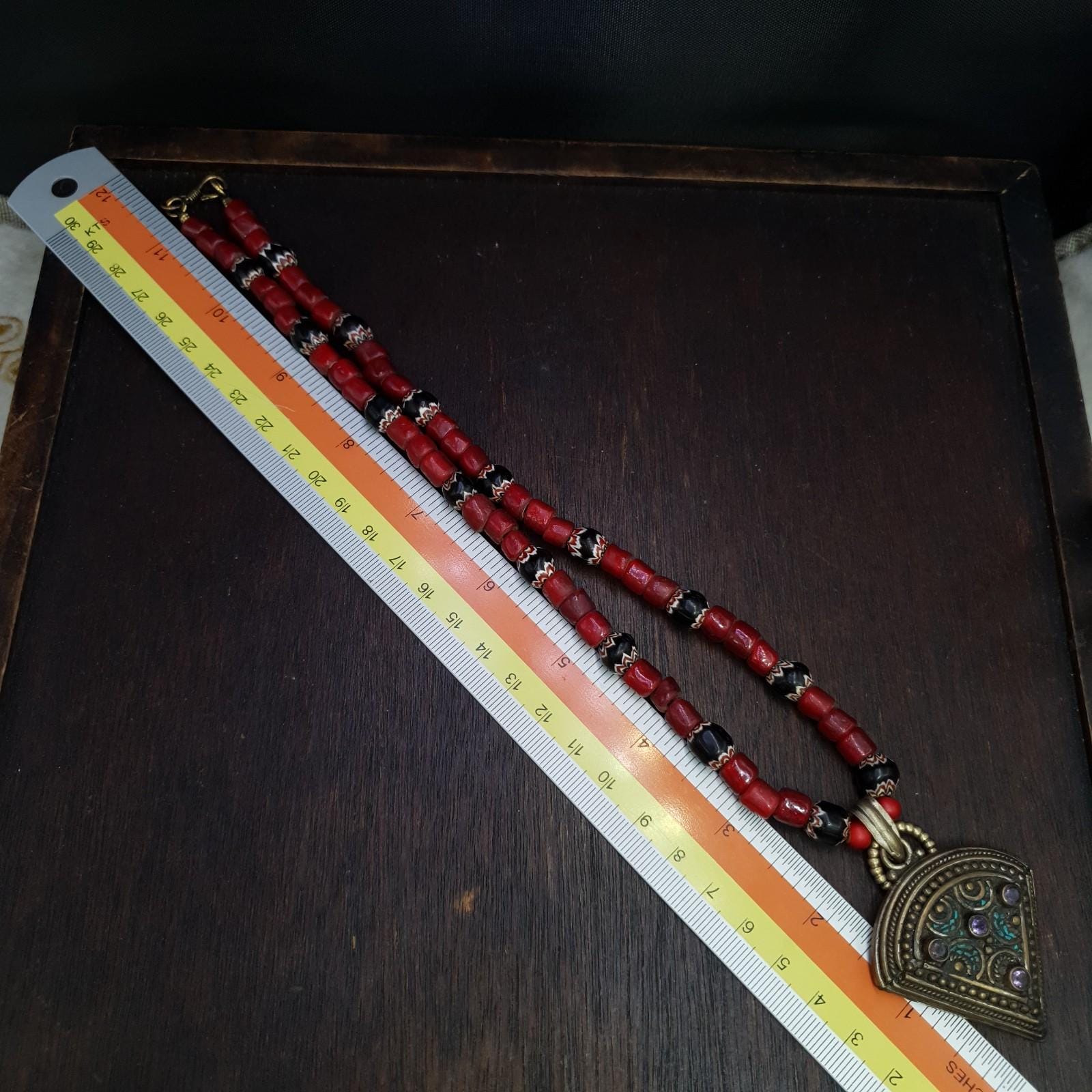 Venetian Whiteheart Chevron Bead Necklace: Amethyst Turquoise Pendant