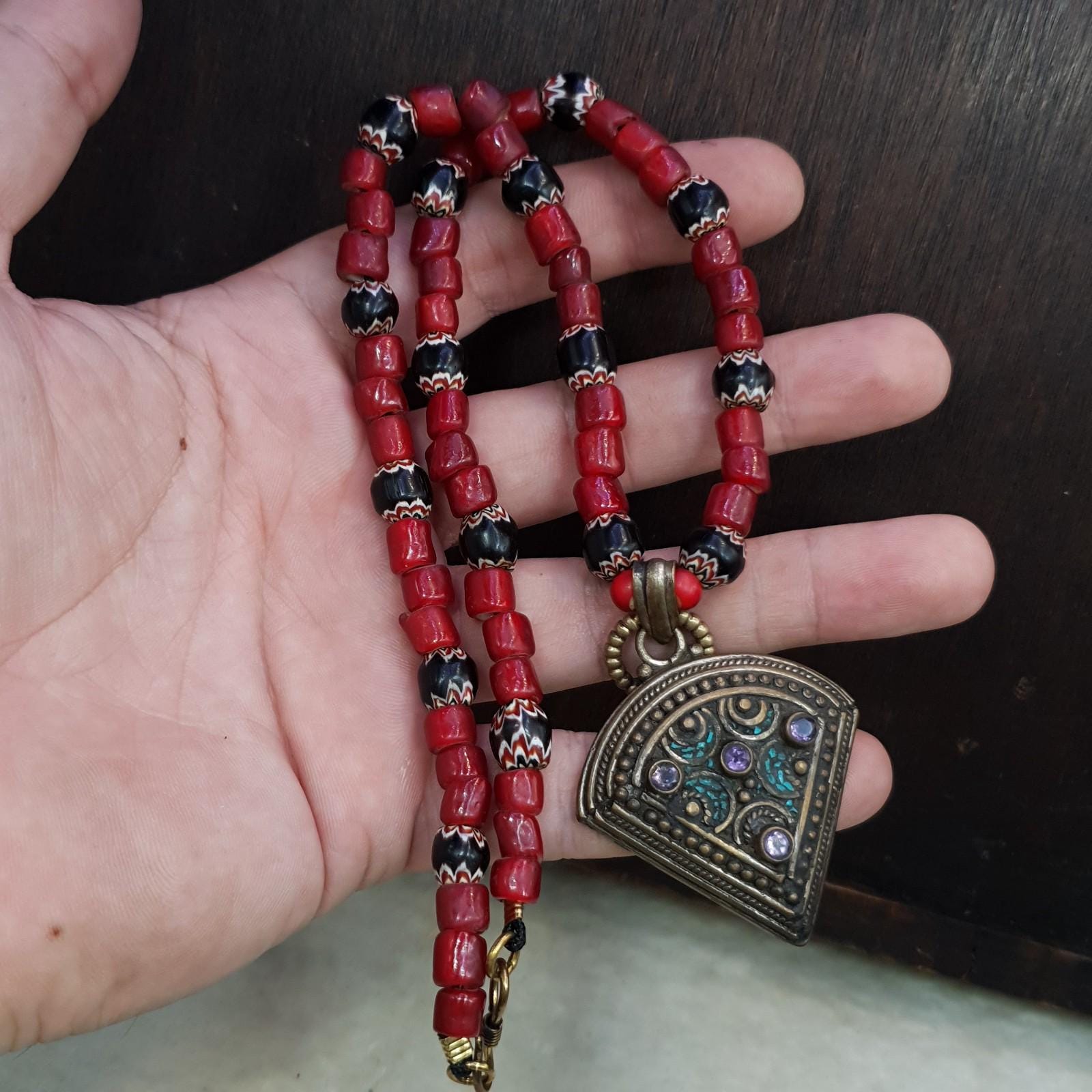 Venetian Whiteheart Chevron Bead Necklace: Amethyst Turquoise Pendant