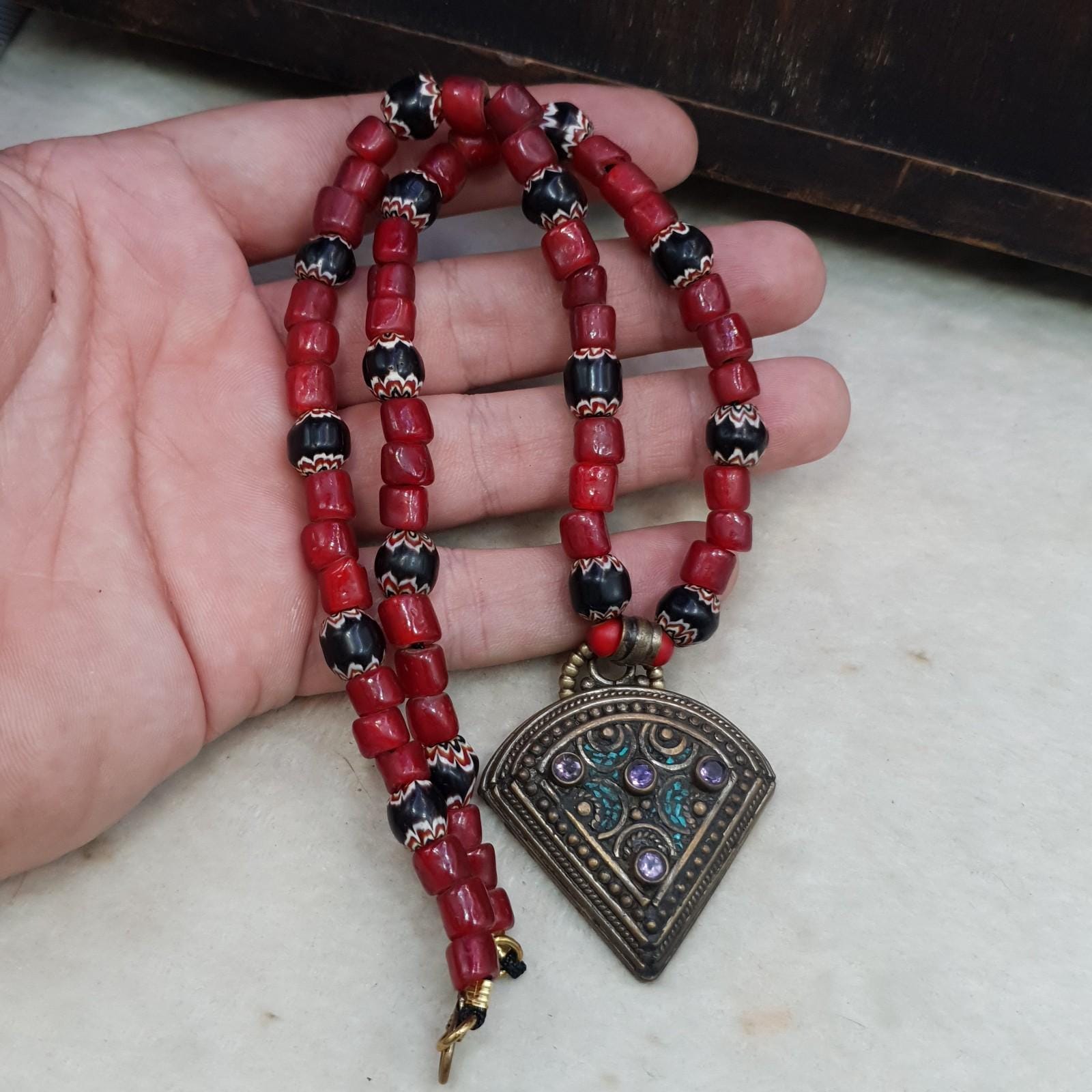 Venetian Whiteheart Chevron Bead Necklace: Amethyst Turquoise Pendant