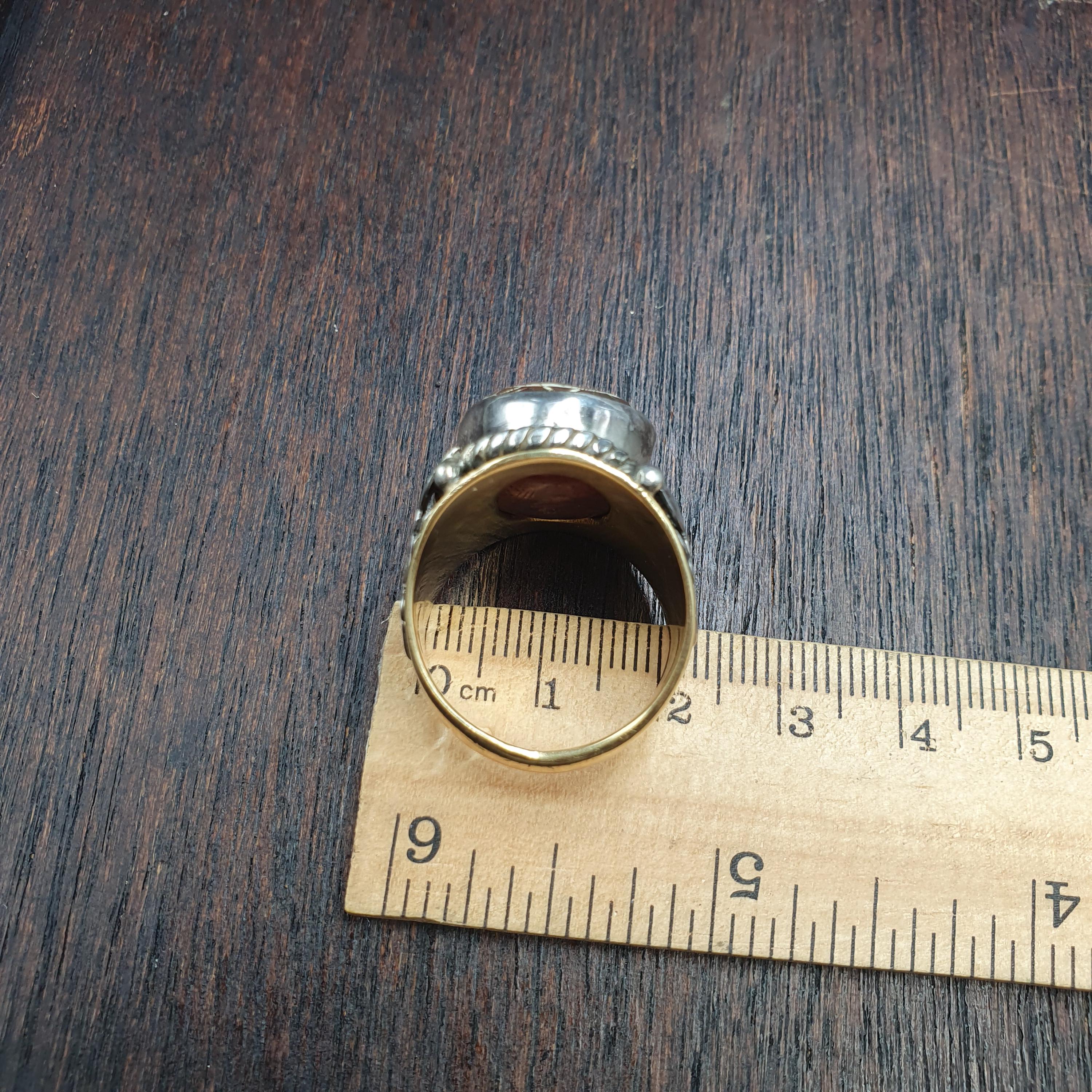 Antique tibetan etched agate center stone silver inlay gold plated brass ring