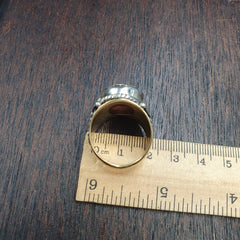 Antique tibetan etched agate center stone silver inlay gold plated brass ring