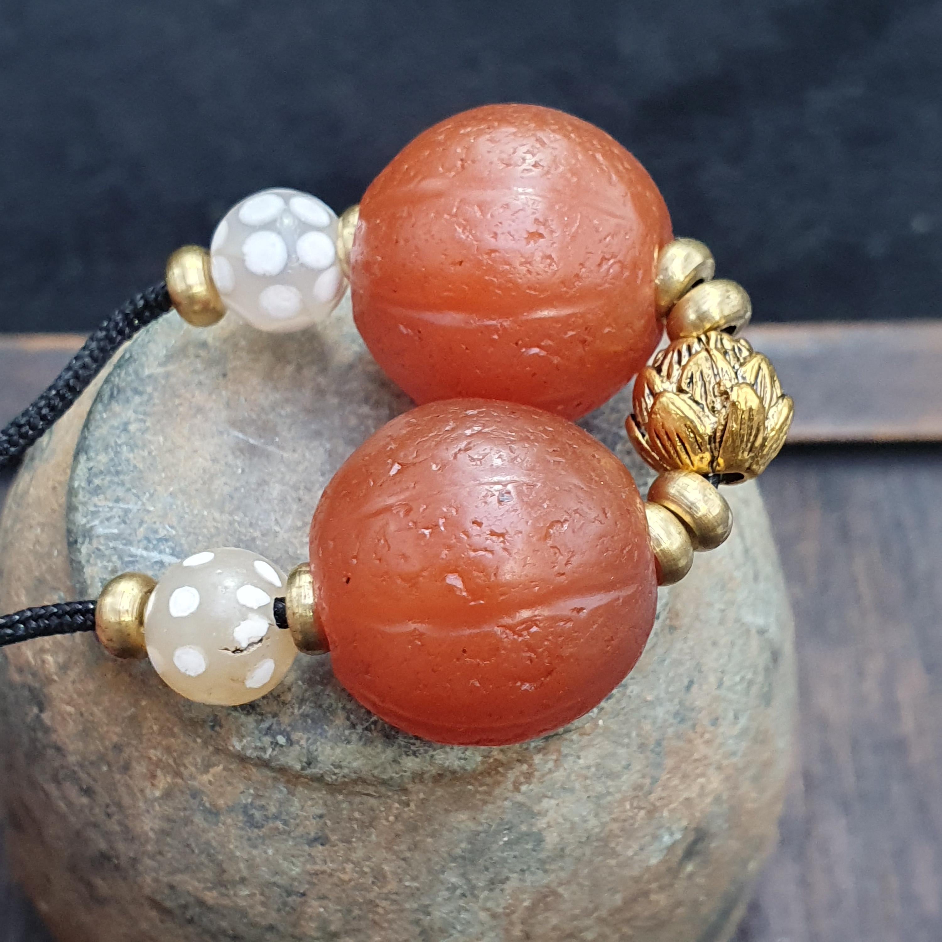 2 old himalayan red agate carnelian melon shape beads 18mm rd-r2