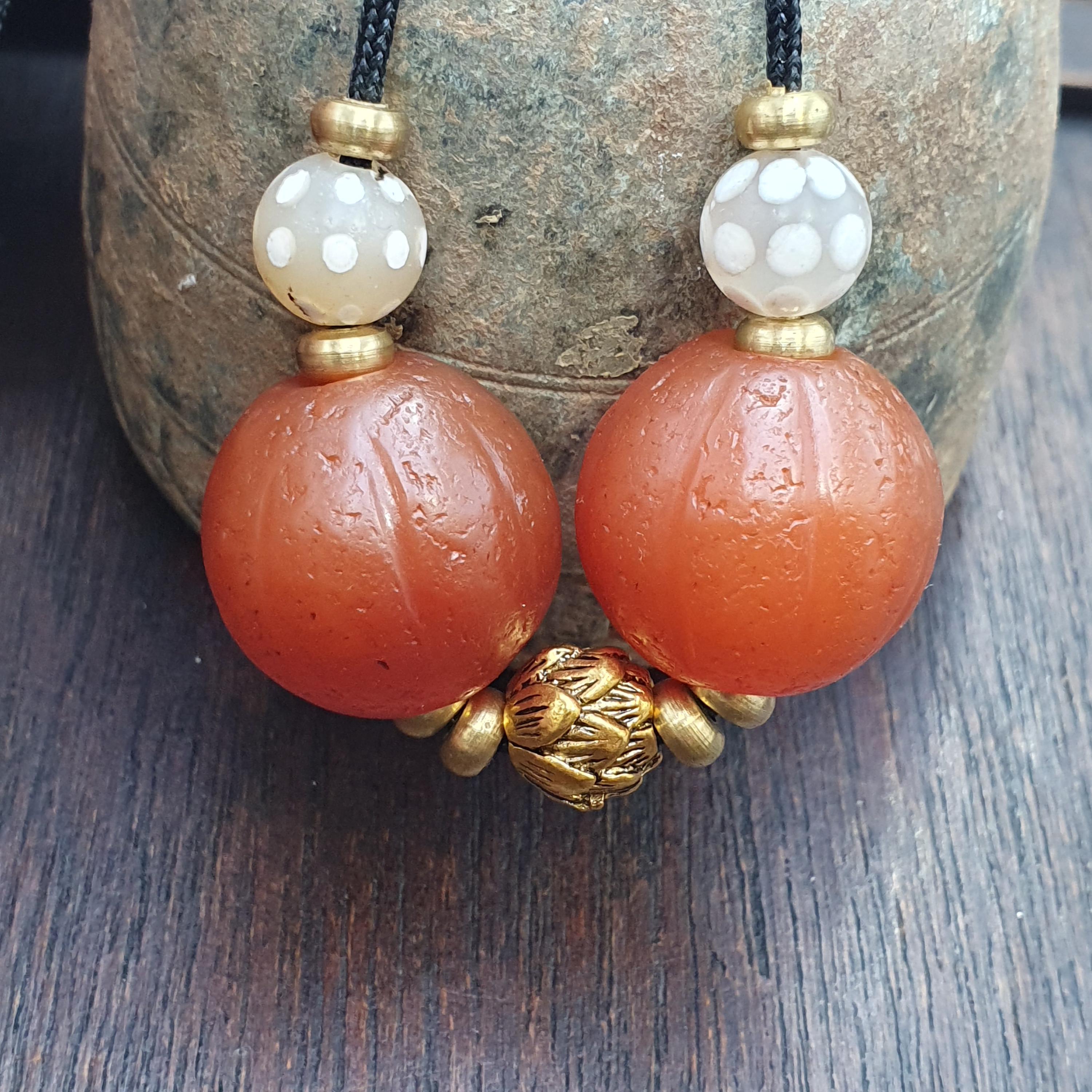 2 old himalayan red agate carnelian melon shape beads 18mm rd-r2