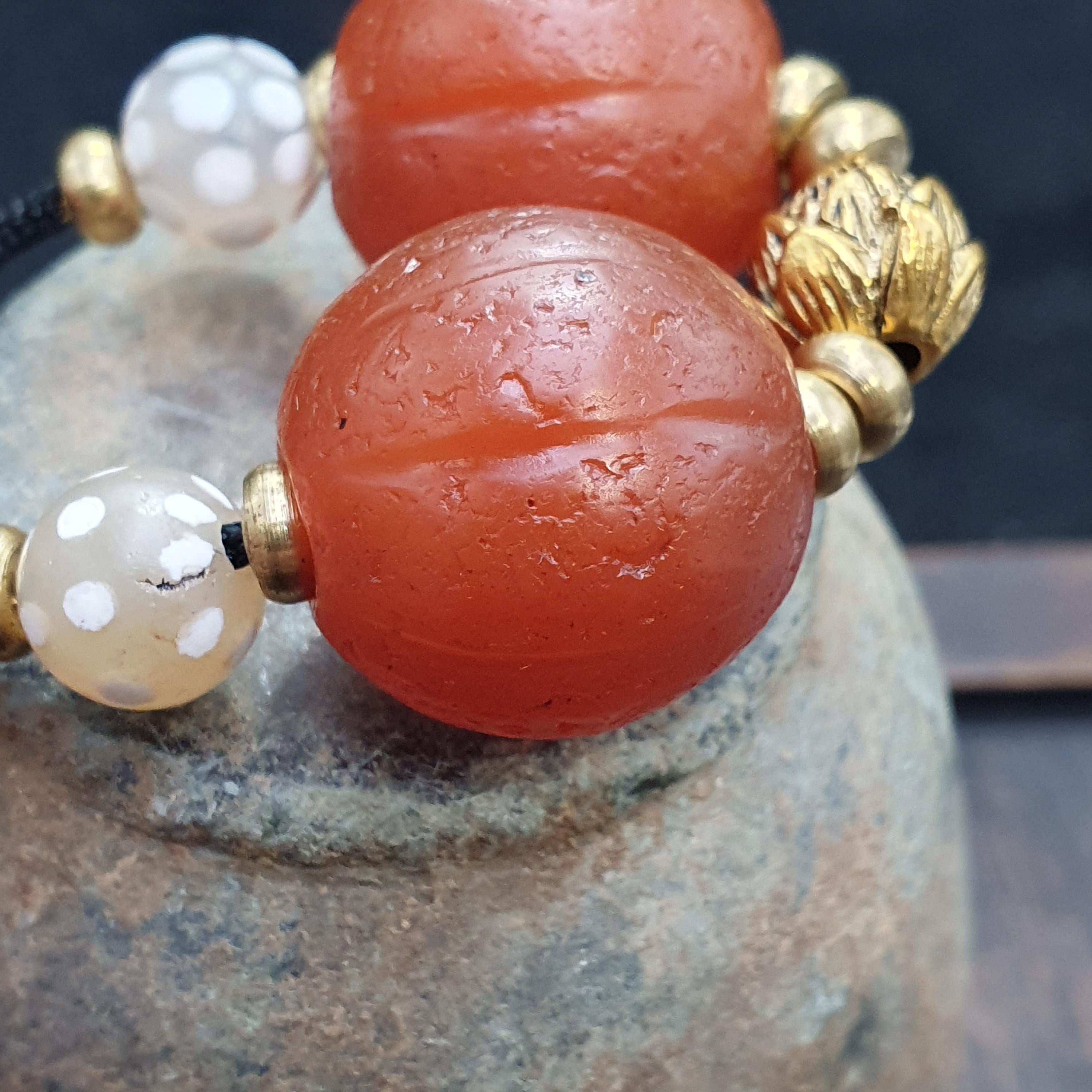 2 old himalayan red agate carnelian melon shape beads 18mm rd-r2