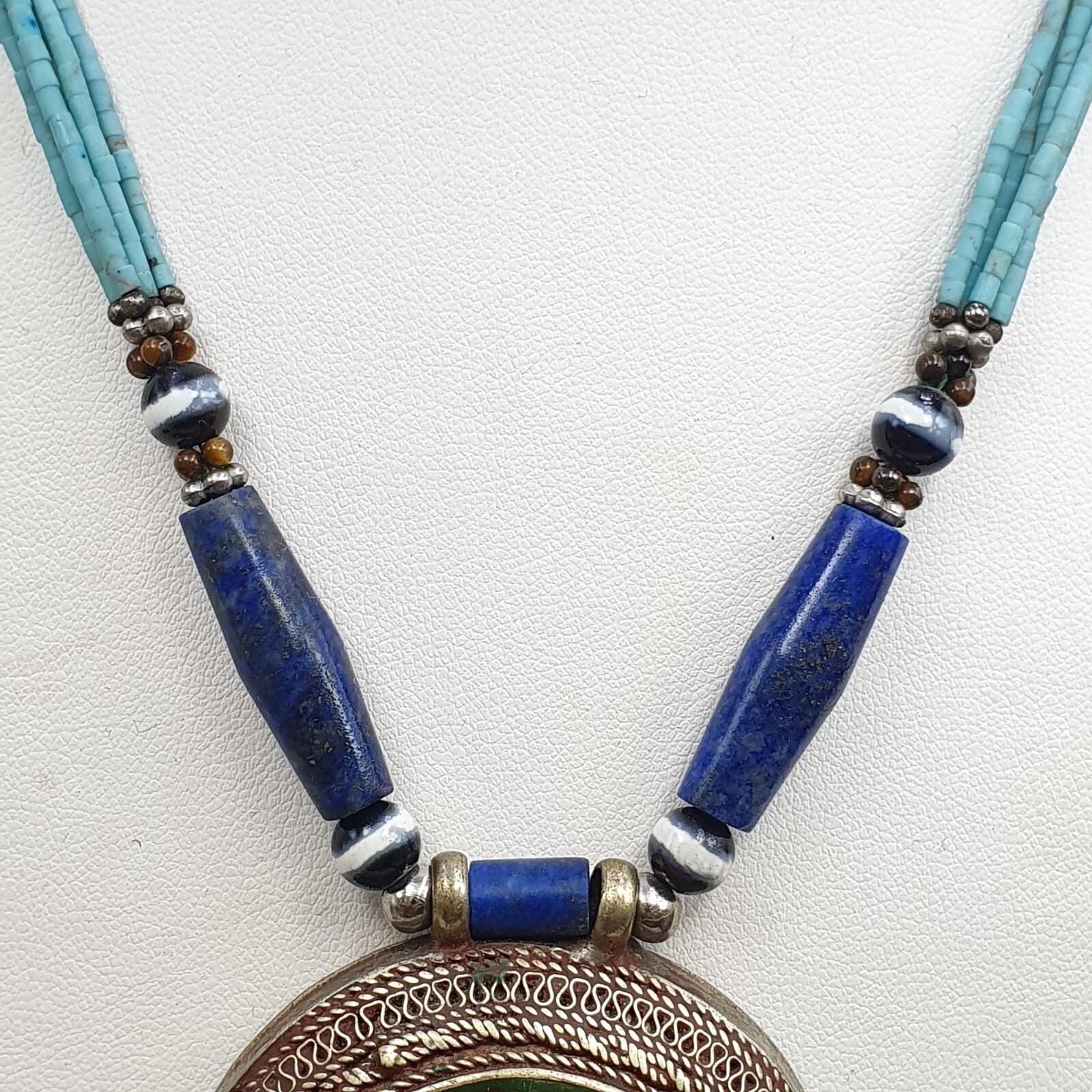 Lapis Lazuli Necklace with Tiny Turquoise & Glass Seed Beads – Afghanistan Gemstone Jewelry Gift