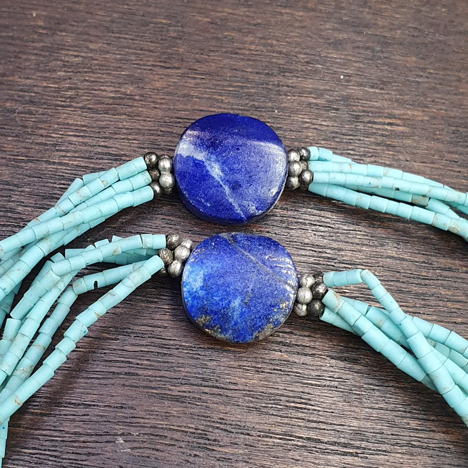 Lapis Lazuli Necklace with Tiny Turquoise & Glass Seed Beads – Afghanistan Gemstone Jewelry Gift