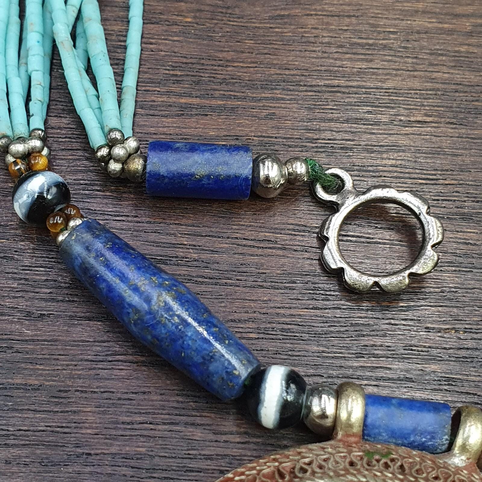 Lapis Lazuli Necklace with Tiny Turquoise & Glass Seed Beads – Afghanistan Gemstone Jewelry Gift