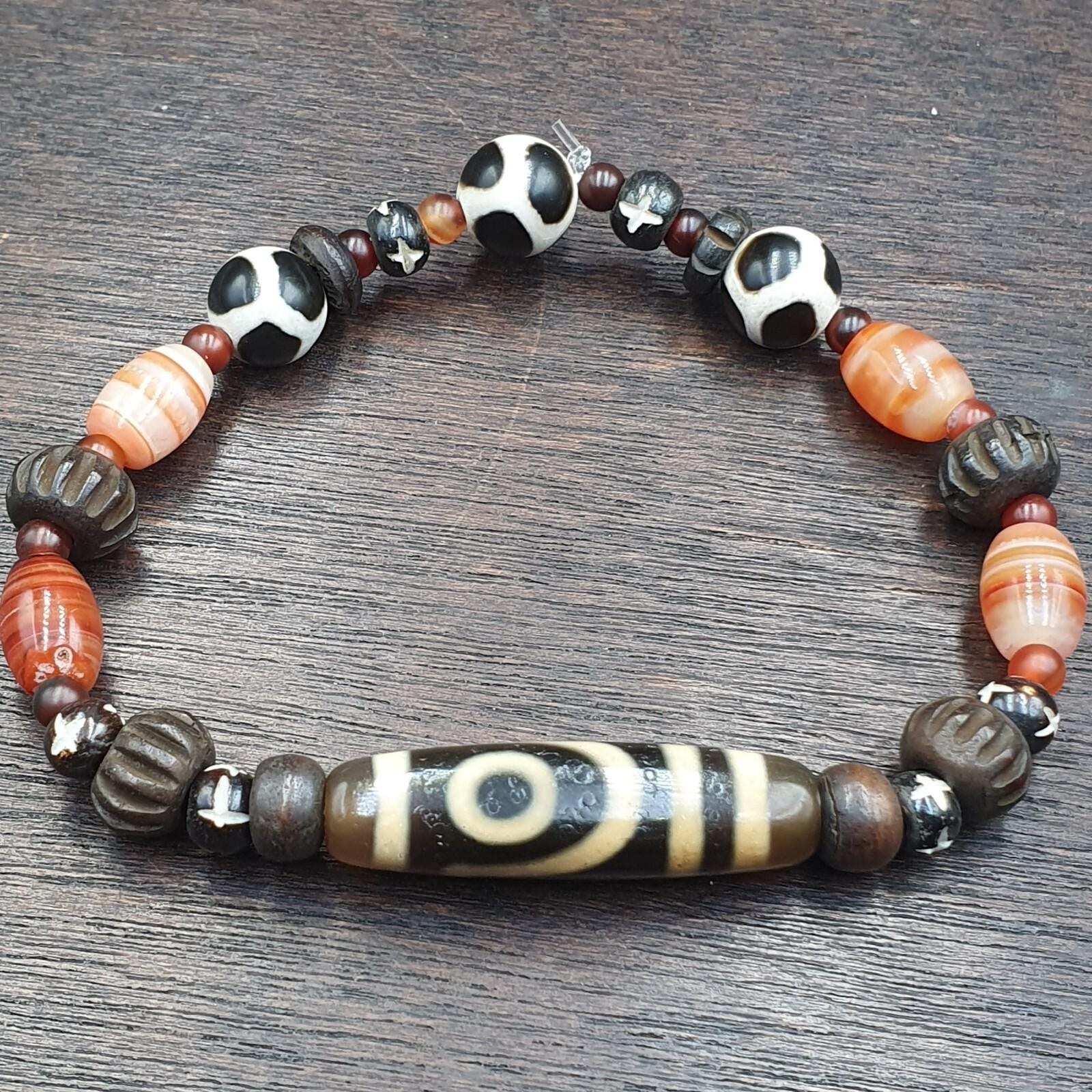 Tibetan dzi agate, carnelian himalayan carving yak bone beaded bracelet