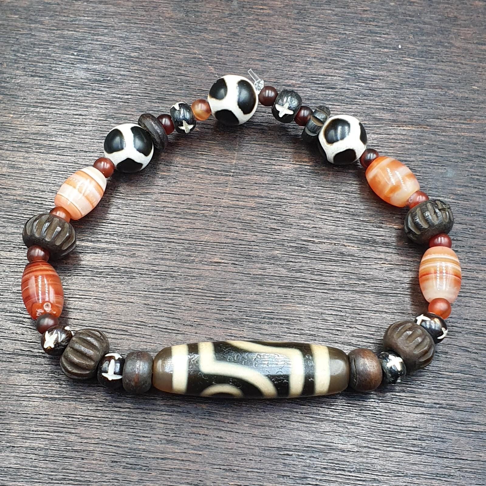 Tibetan dzi agate, carnelian himalayan carving yak bone beaded bracelet