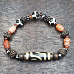 Tibetan dzi agate, carnelian himalayan carving yak bone beaded bracelet
