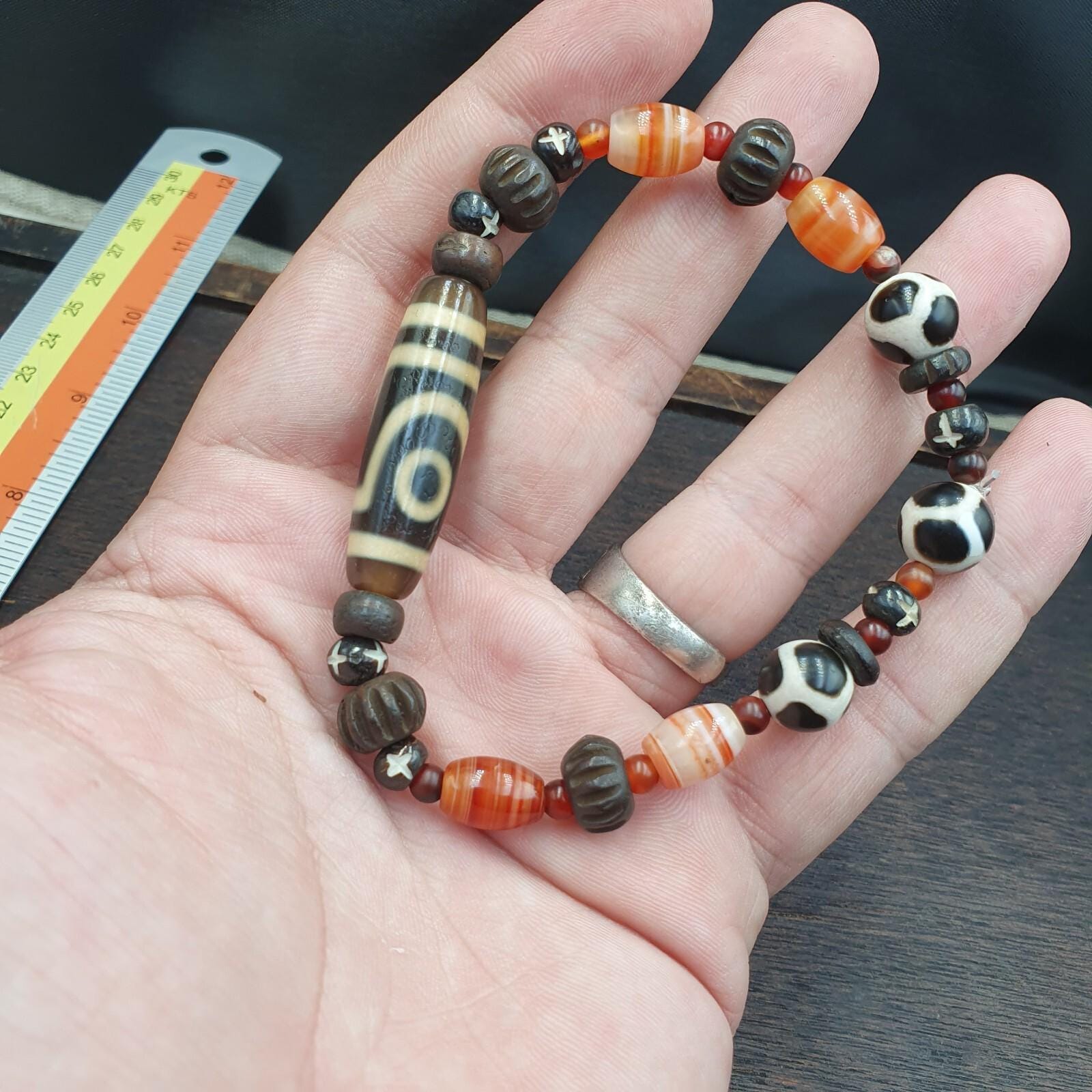 Tibetan dzi agate, carnelian himalayan carving yak bone beaded bracelet