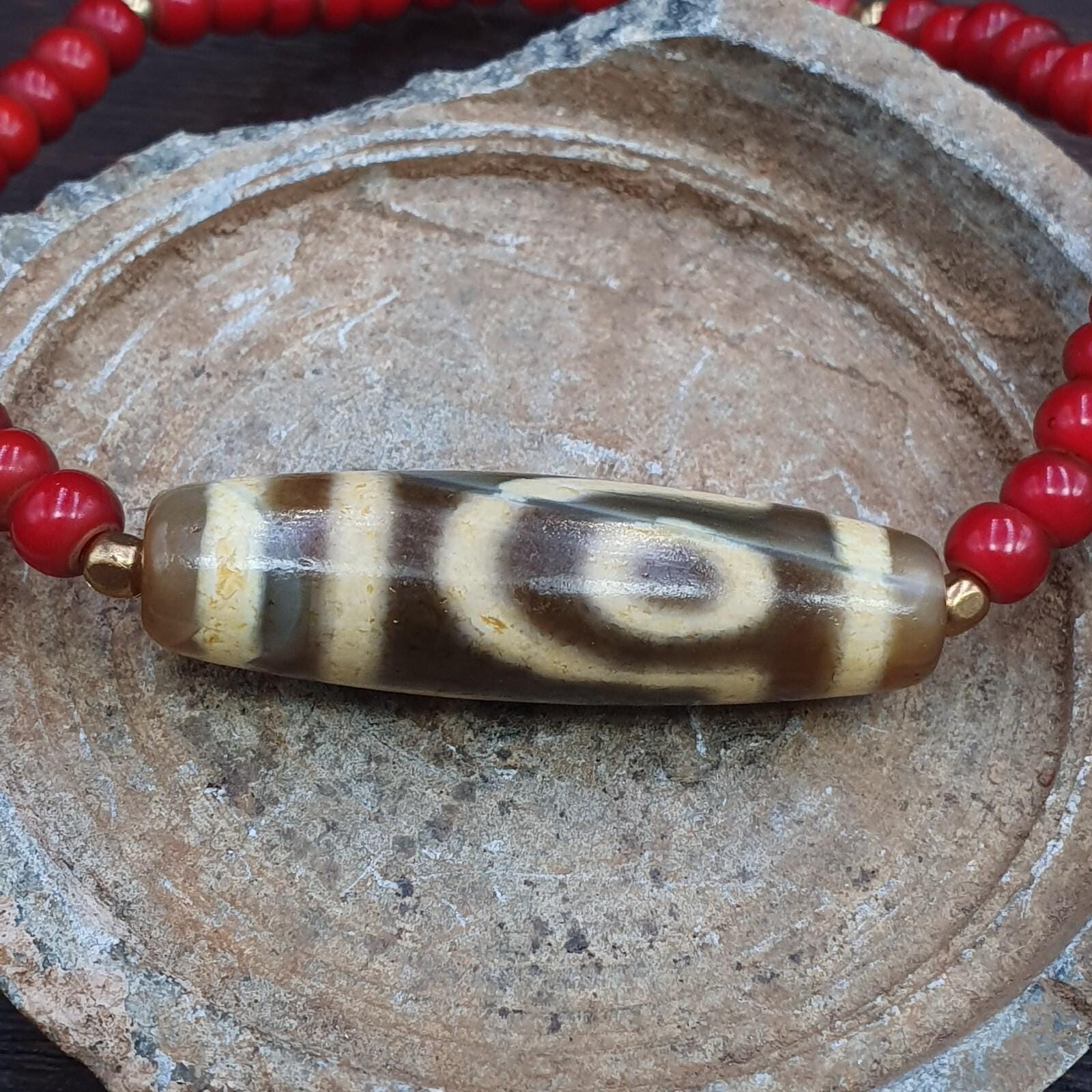 2 slide eyes old himalayan tibetan agate dzi bead unique pattern bracelet