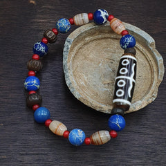 8 eyes old himalayan tibetan agate dzi and yak bone bead unique pattern bracelet