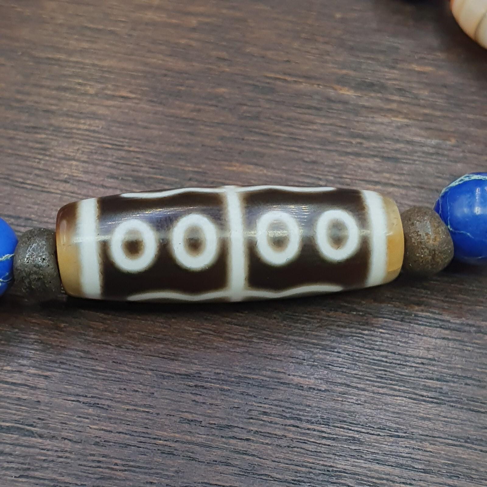 8 eyes old himalayan tibetan agate dzi and yak bone bead unique pattern bracelet