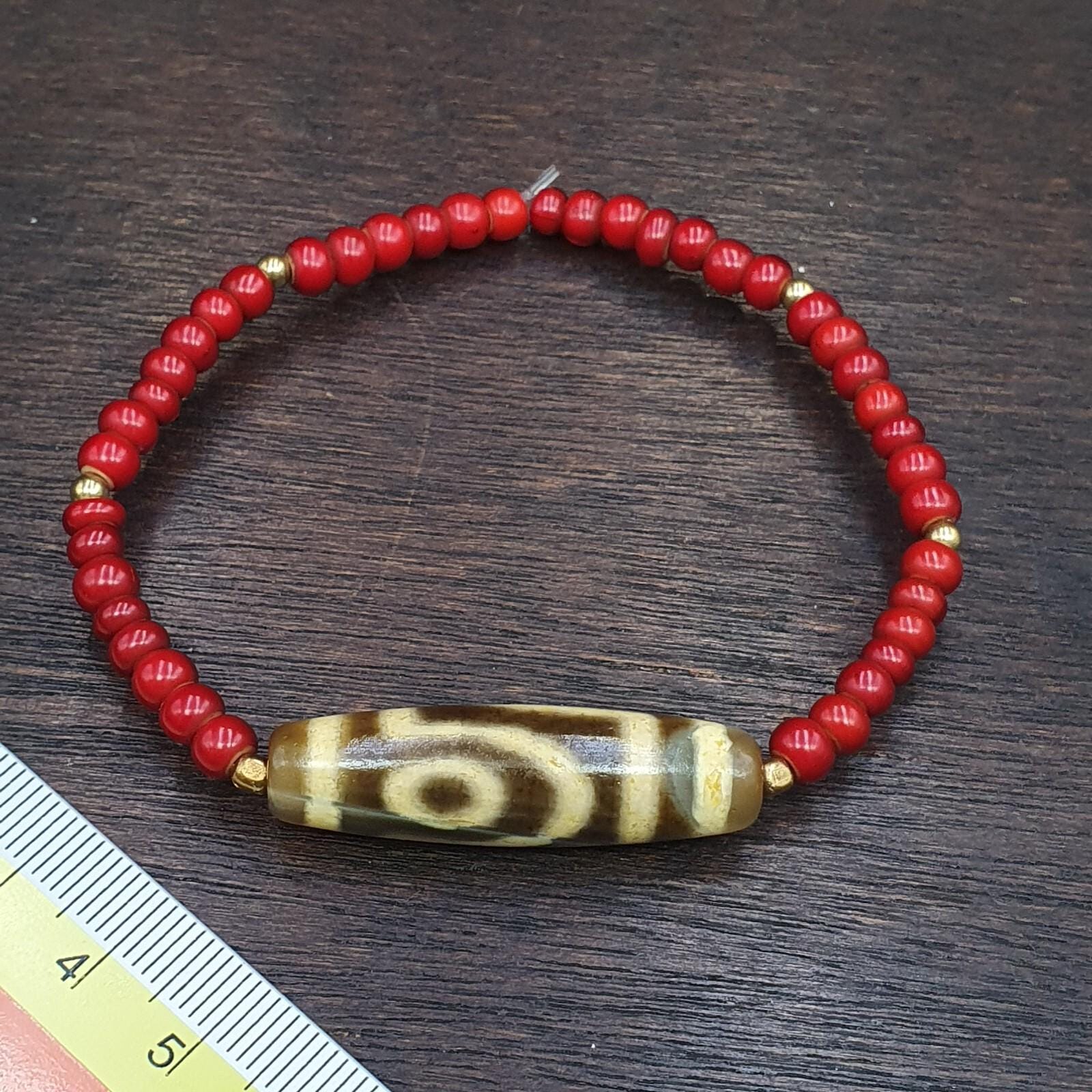 2 slide eyes old himalayan tibetan agate dzi bead unique pattern bracelet