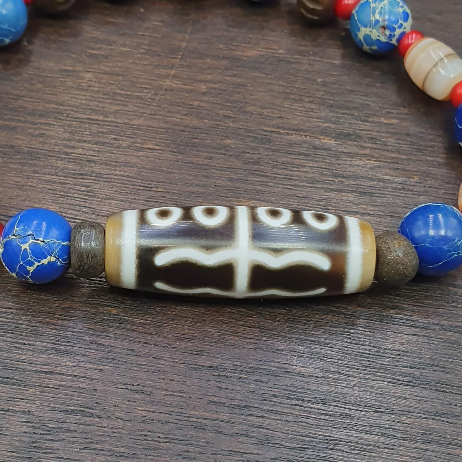 8 eyes old himalayan tibetan agate dzi and yak bone bead unique pattern bracelet